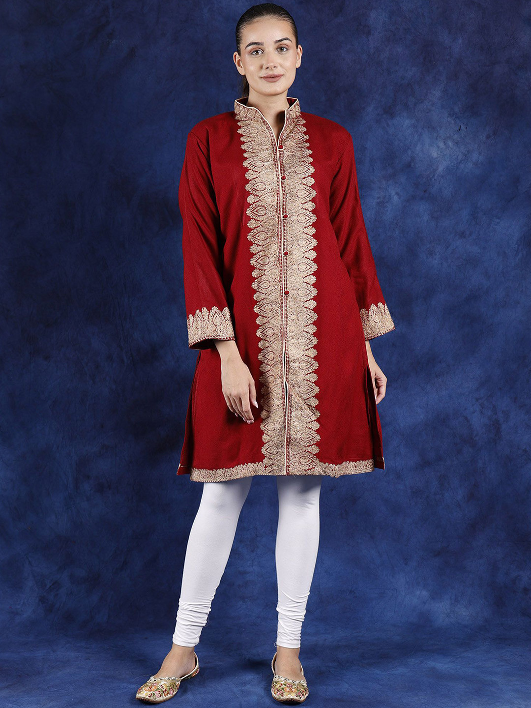 

Exotic India Rythmic Red Wool Kashmiri Long Jacket with Floral Aari Embroidery on Border