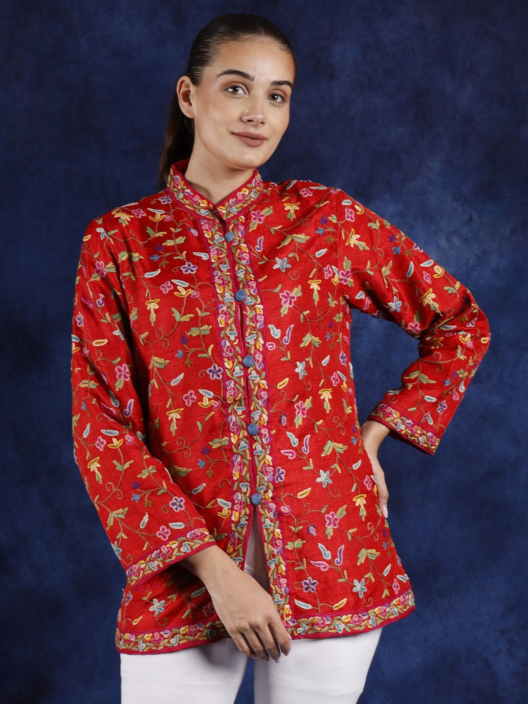

Exotic India Women Floral Longline Bomber Jacket, Red