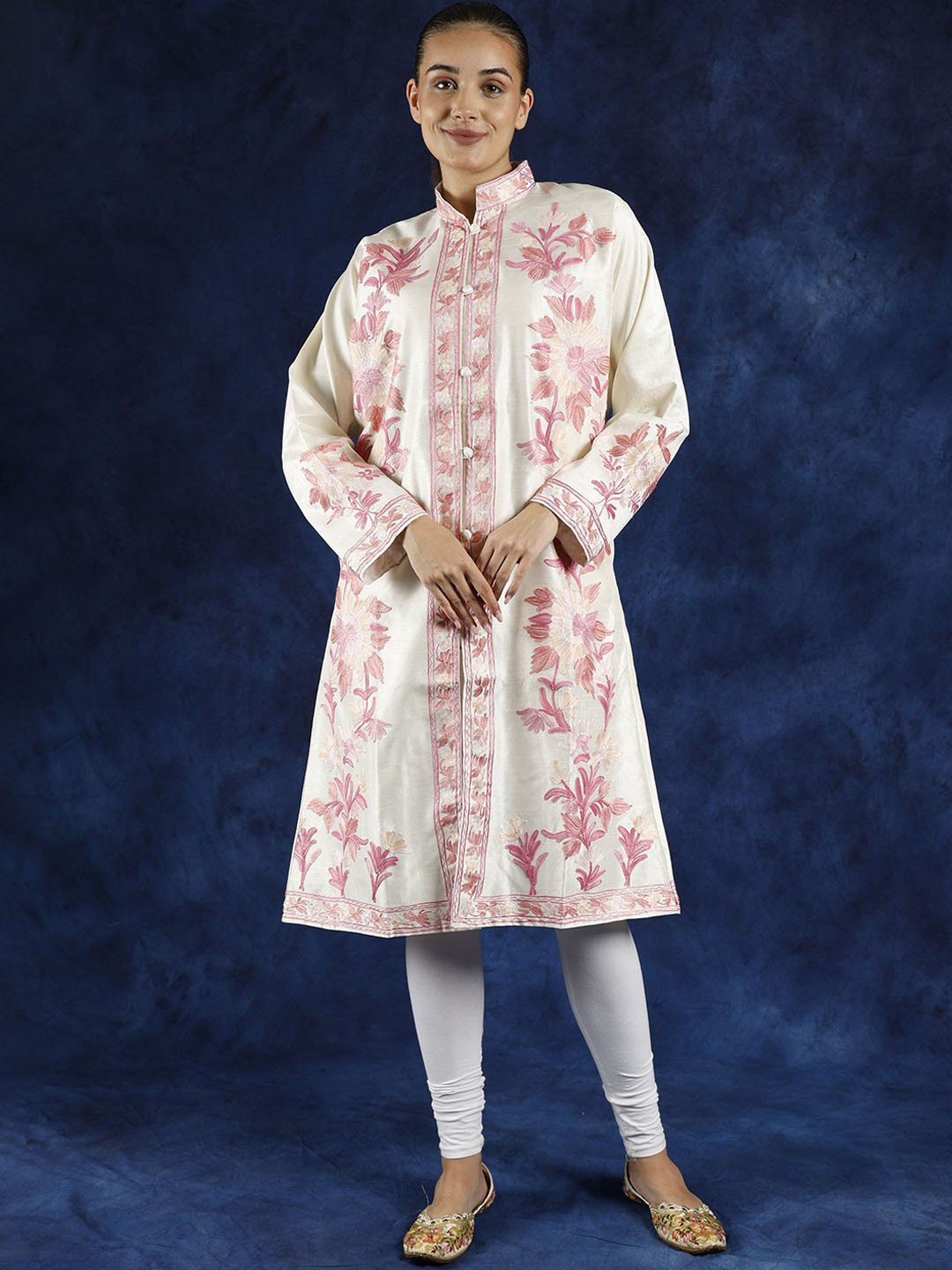 

Exotic India Solitary Star Floral Aari Embroidered Art Silk Kashmiri Long Jacket, White