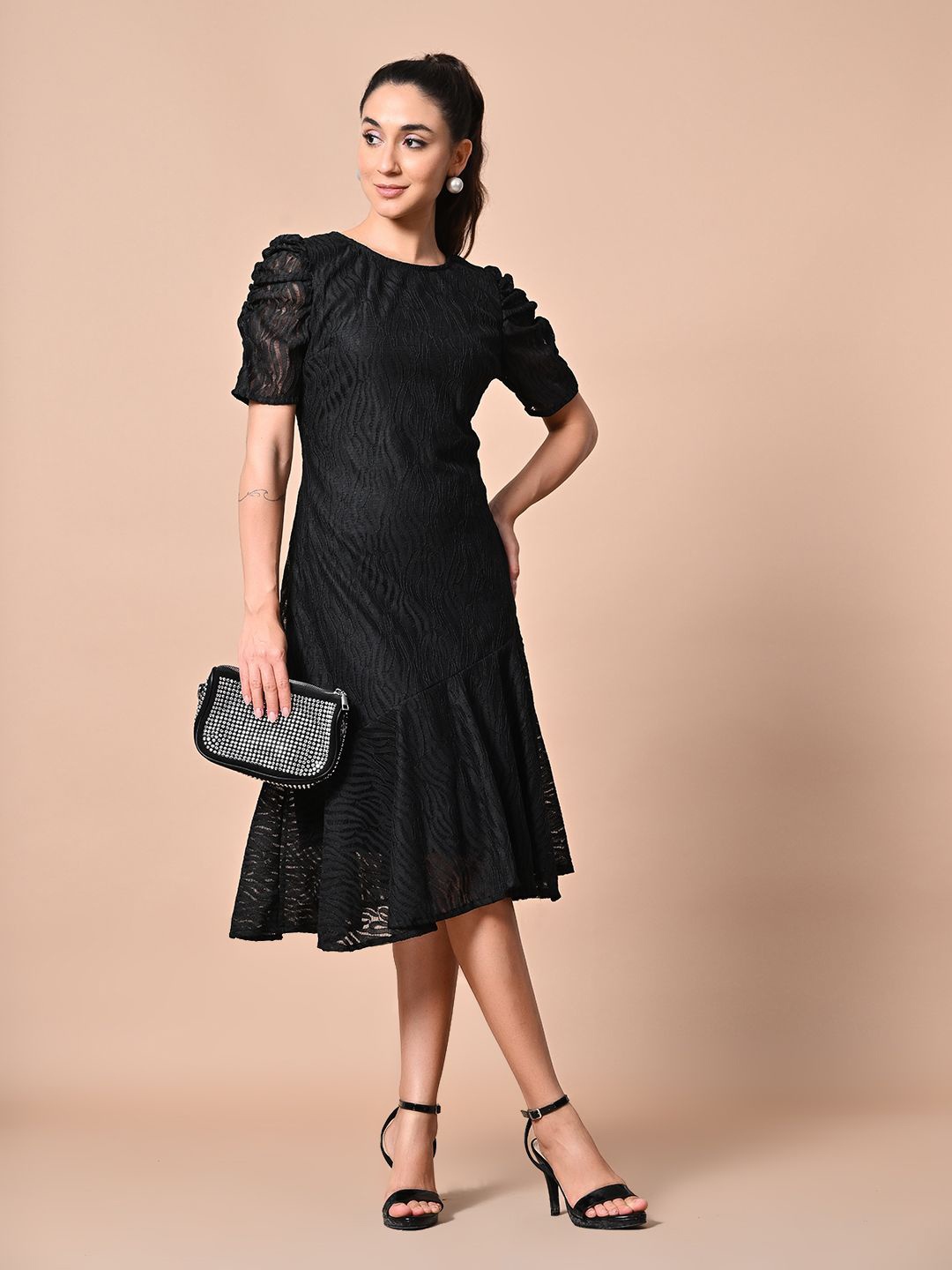 TBOJ Puff Sleeve Net A-Line Midi Dress, Black