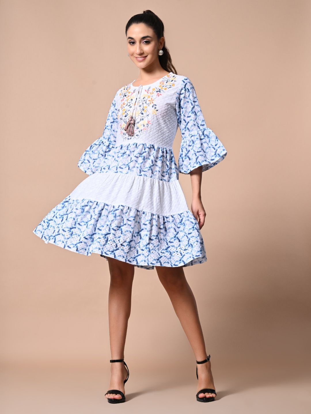 

TBOJ Embroidered Bell Sleeve Fit & Flare Ethnic Dress, White