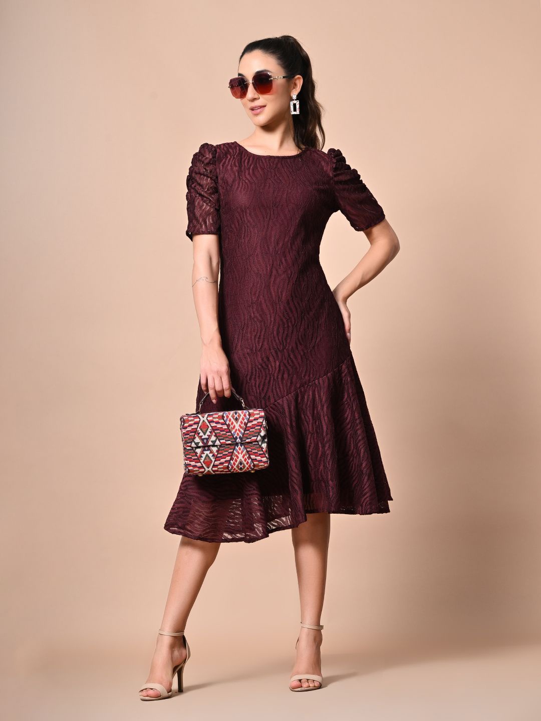

TBOJ Women Net A-Line Midi Dress, Maroon