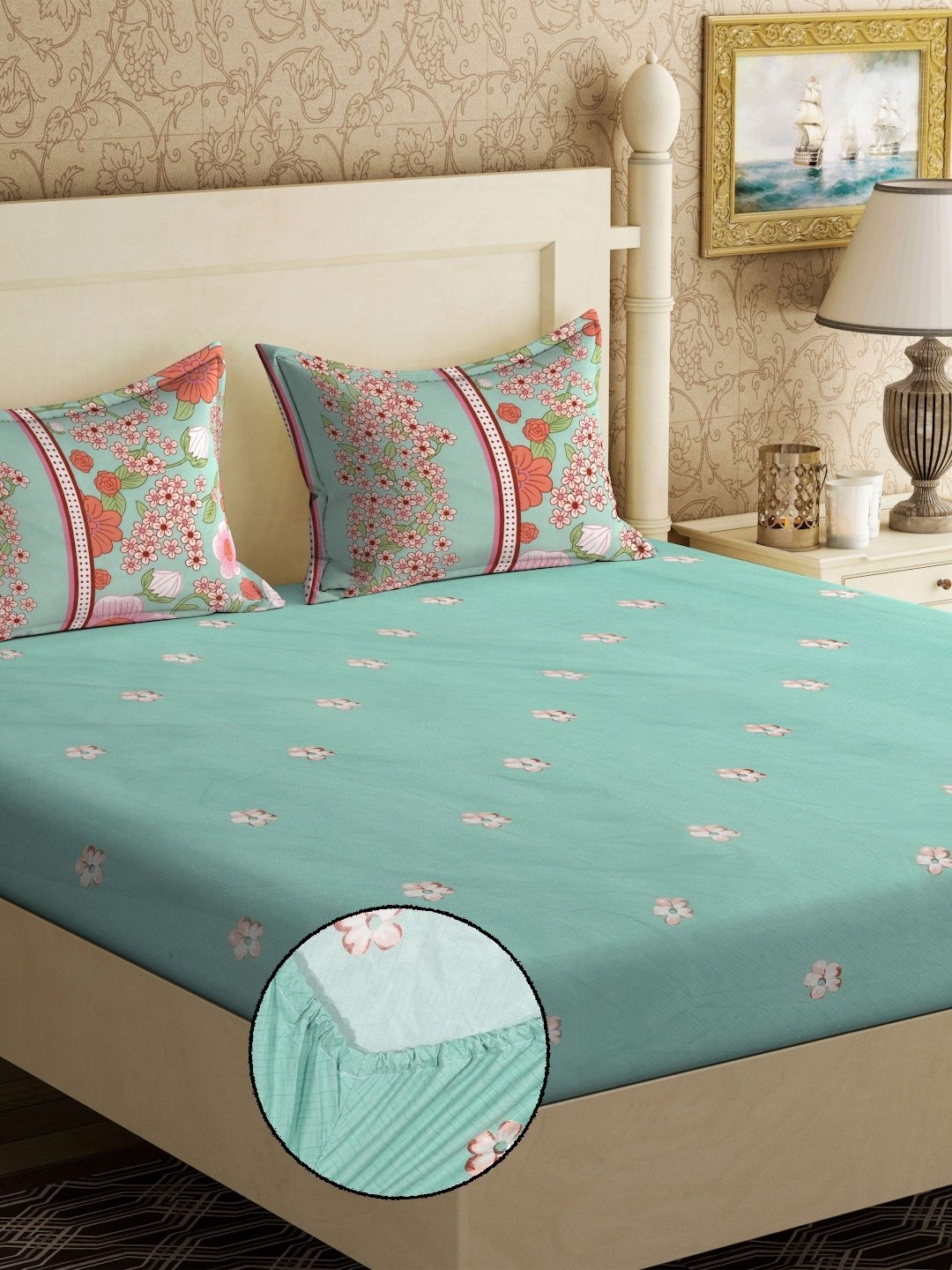 

KLOTTHE Green & Pink Printed 300 TC Fitted King Double Bedsheet With 2 Pillow Covers