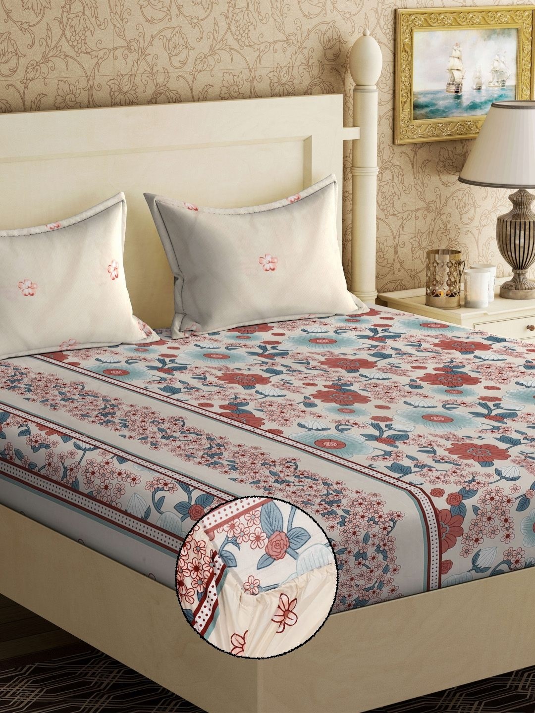 

KLOTTHE Pink & White Floral Printed 300TC Fitted King Bedsheet With 2 Pillow Covers
