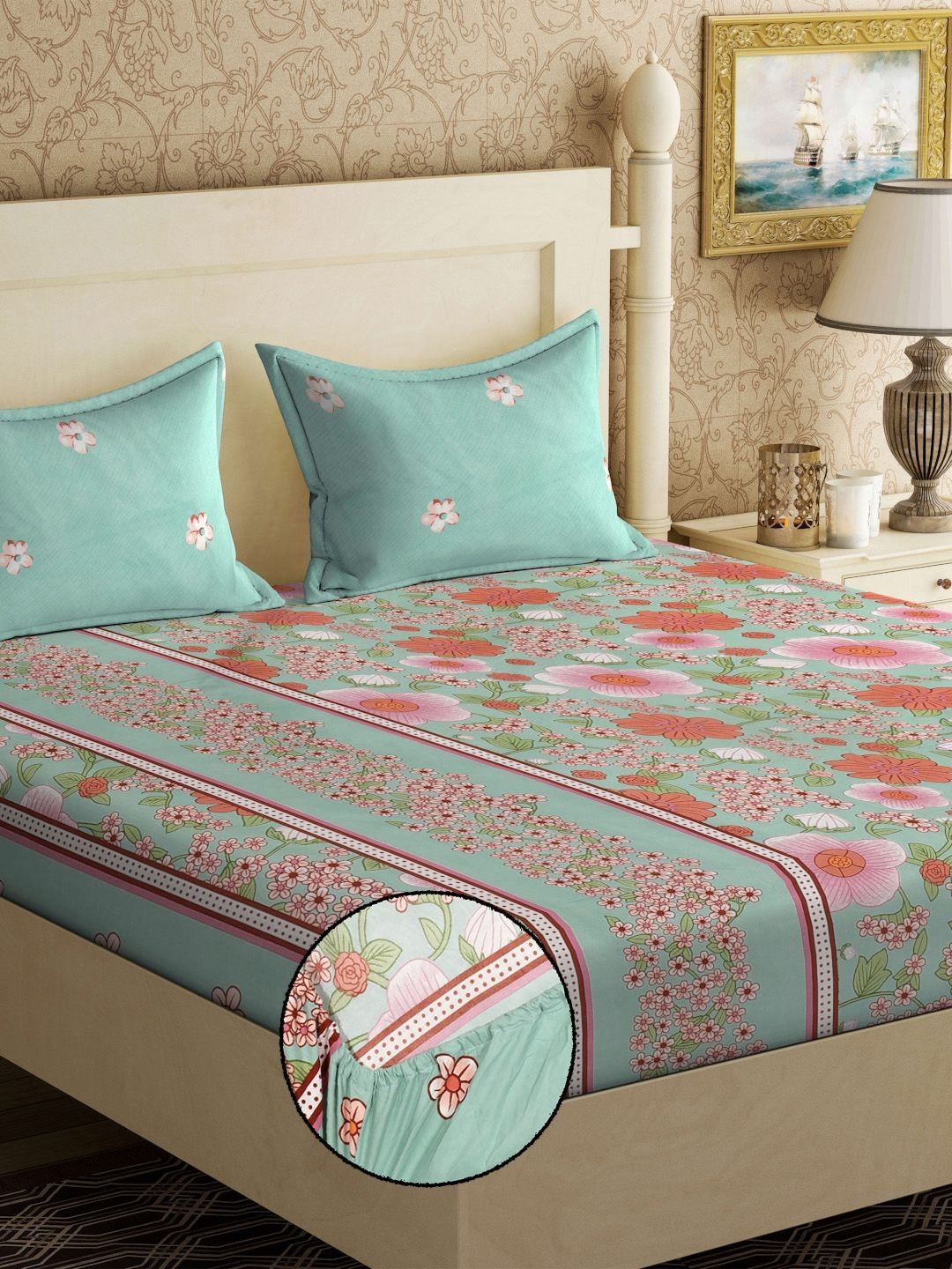 

KLOTTHE Green & Pink Printed 300 TC Fitted King Double Bedsheet With 2 Pillow Covers
