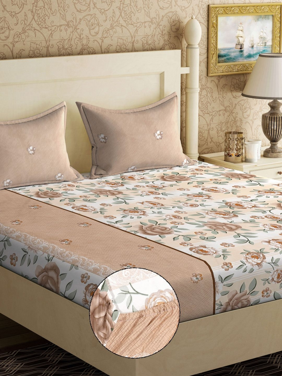 

KLOTTHE White & Brown Printed 300 TC Fitted King Double Bedsheet With 2 Pillow Covers