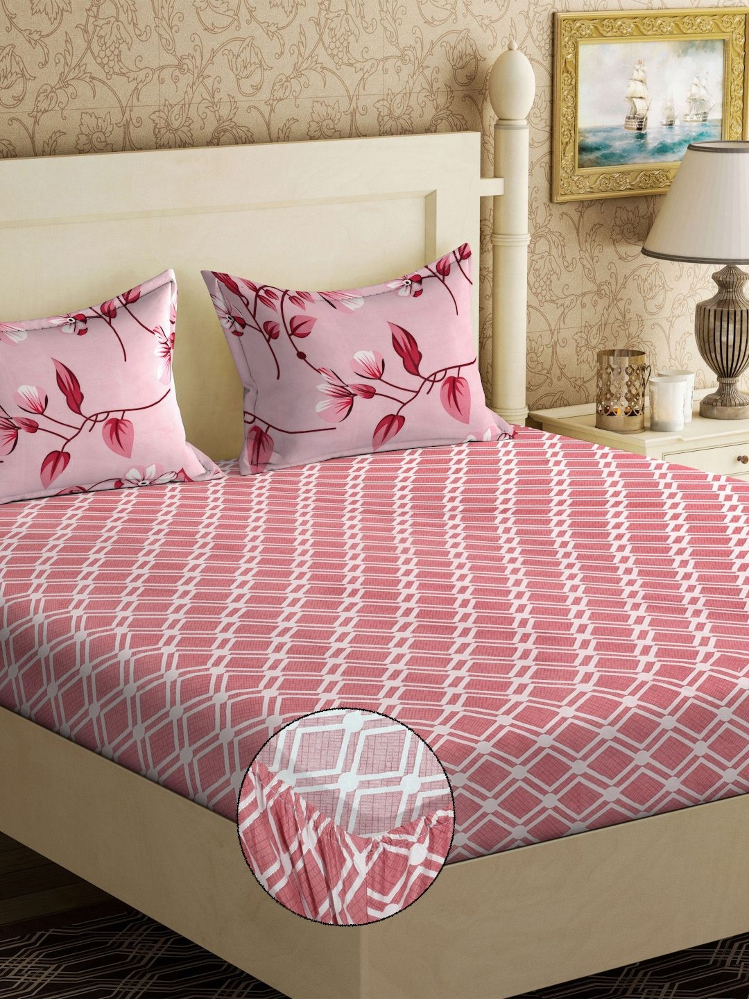 

KLOTTHE Red & White Floral Printed 300TC Double King Fitted Bedsheet With 2 Pillow Covers