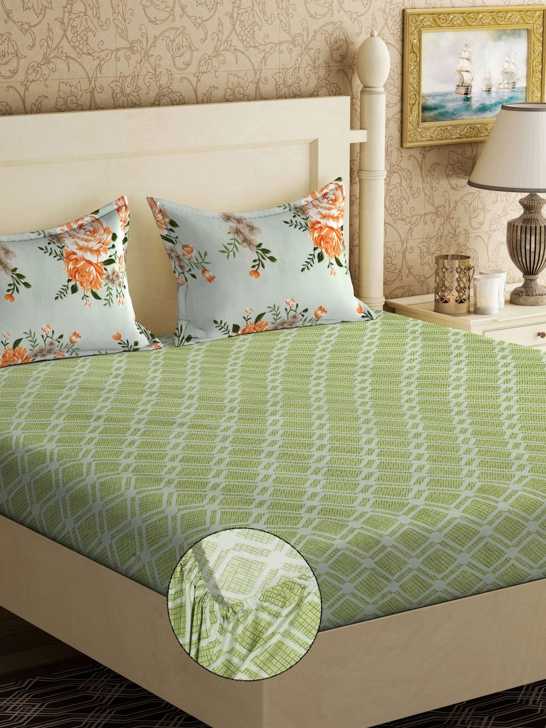 

KLOTTHE Green Printed 300 TC Fitted King Double Bedsheet With 2 Pillow Covers