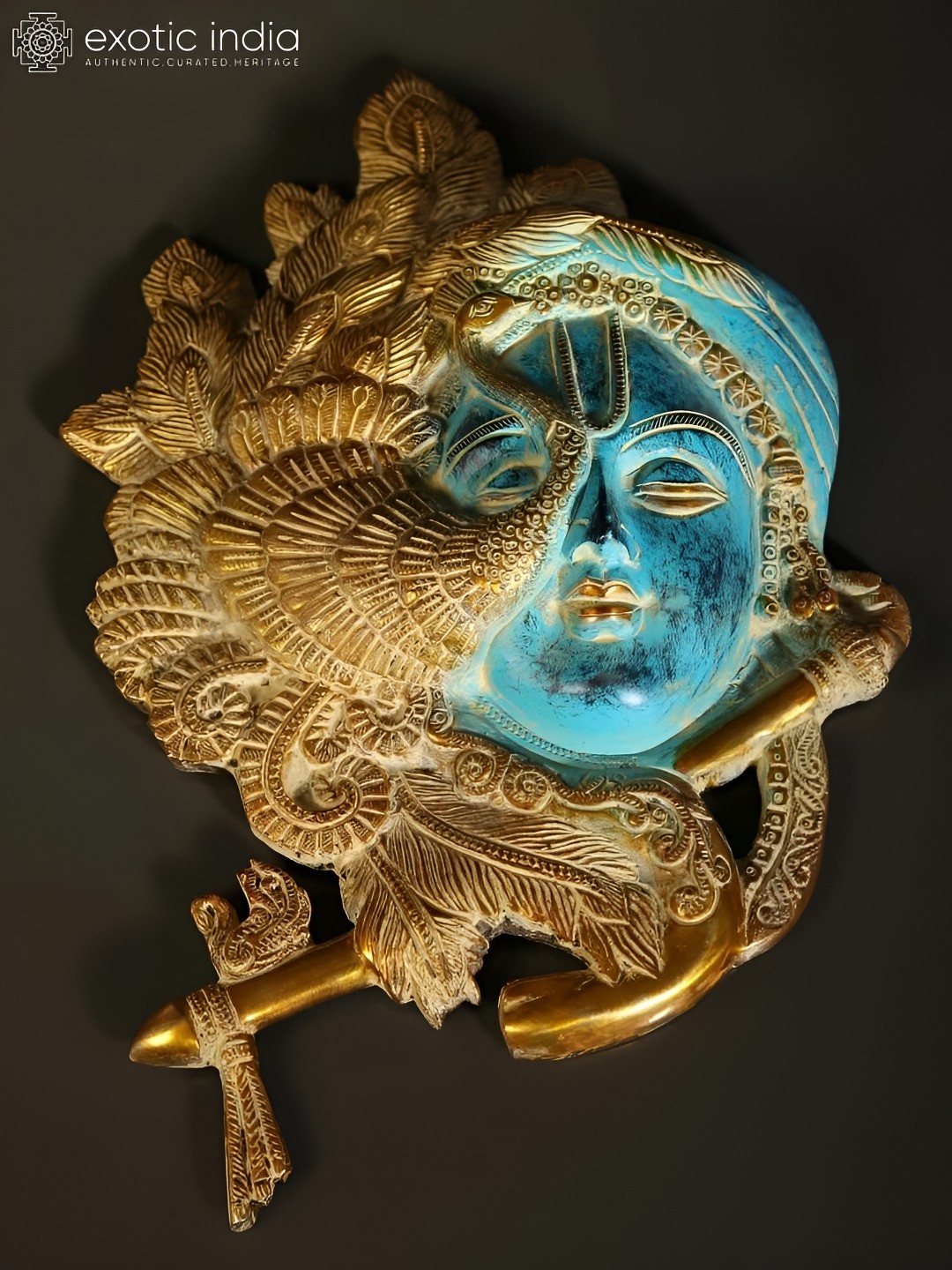 

Exotic India 13" Brass Fluting Krishna Wall Hanging Mask, Blue