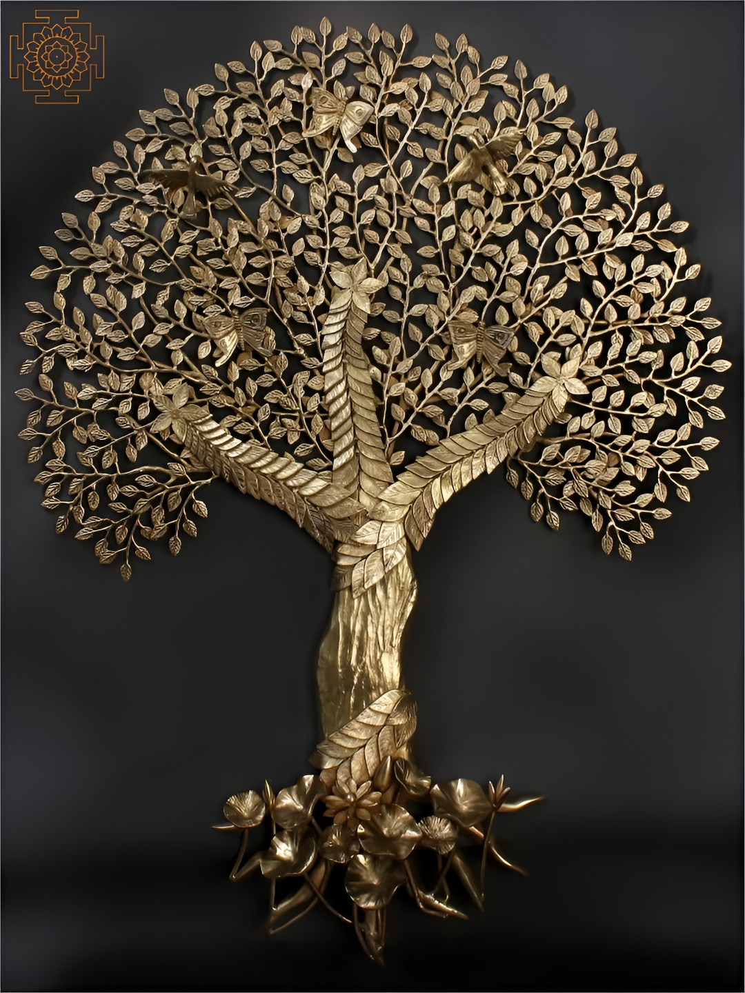 

Exotic India 44" Large Brass Tree of Life with Roots Wall Hanging, Gold