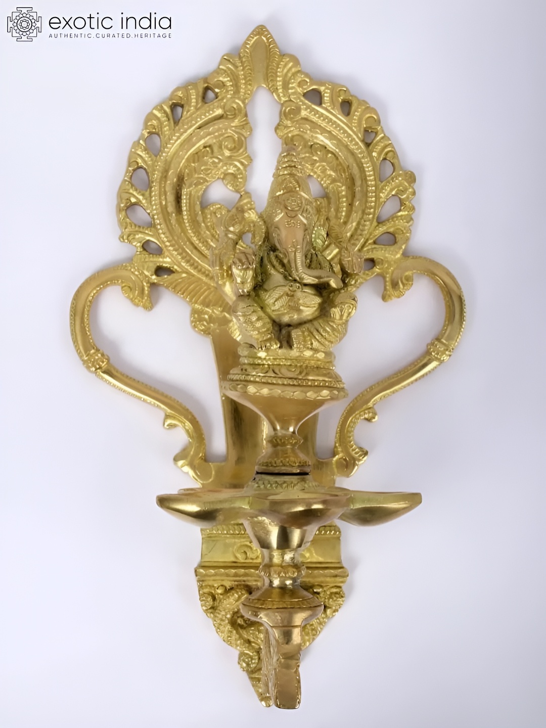 

Exotic India 11'' Brass Lord Ganesha Multiple Wicks Wall Hanging Lamp, Gold