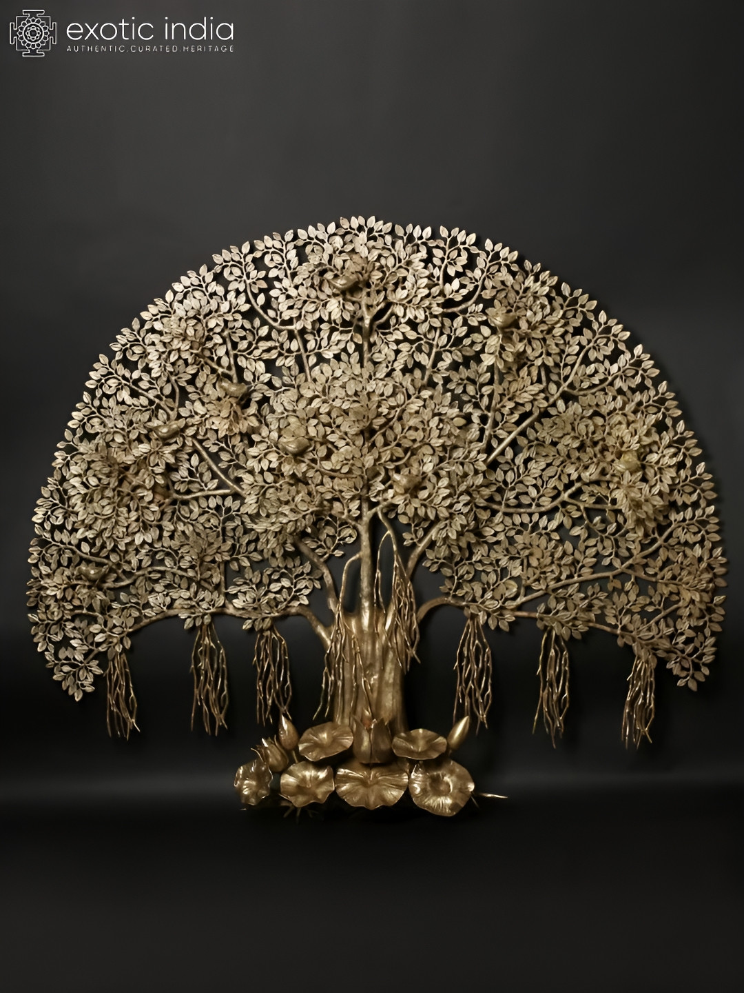 

Exotic India Brass Tree of Life with Perched Birds Wall Hanging, Gold