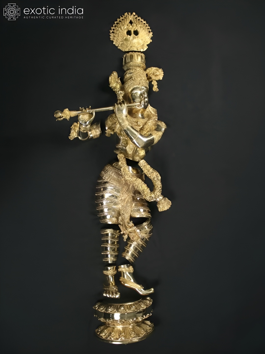 

Exotic India Gold Toned Lord Krishna Standing Wall Sculpture