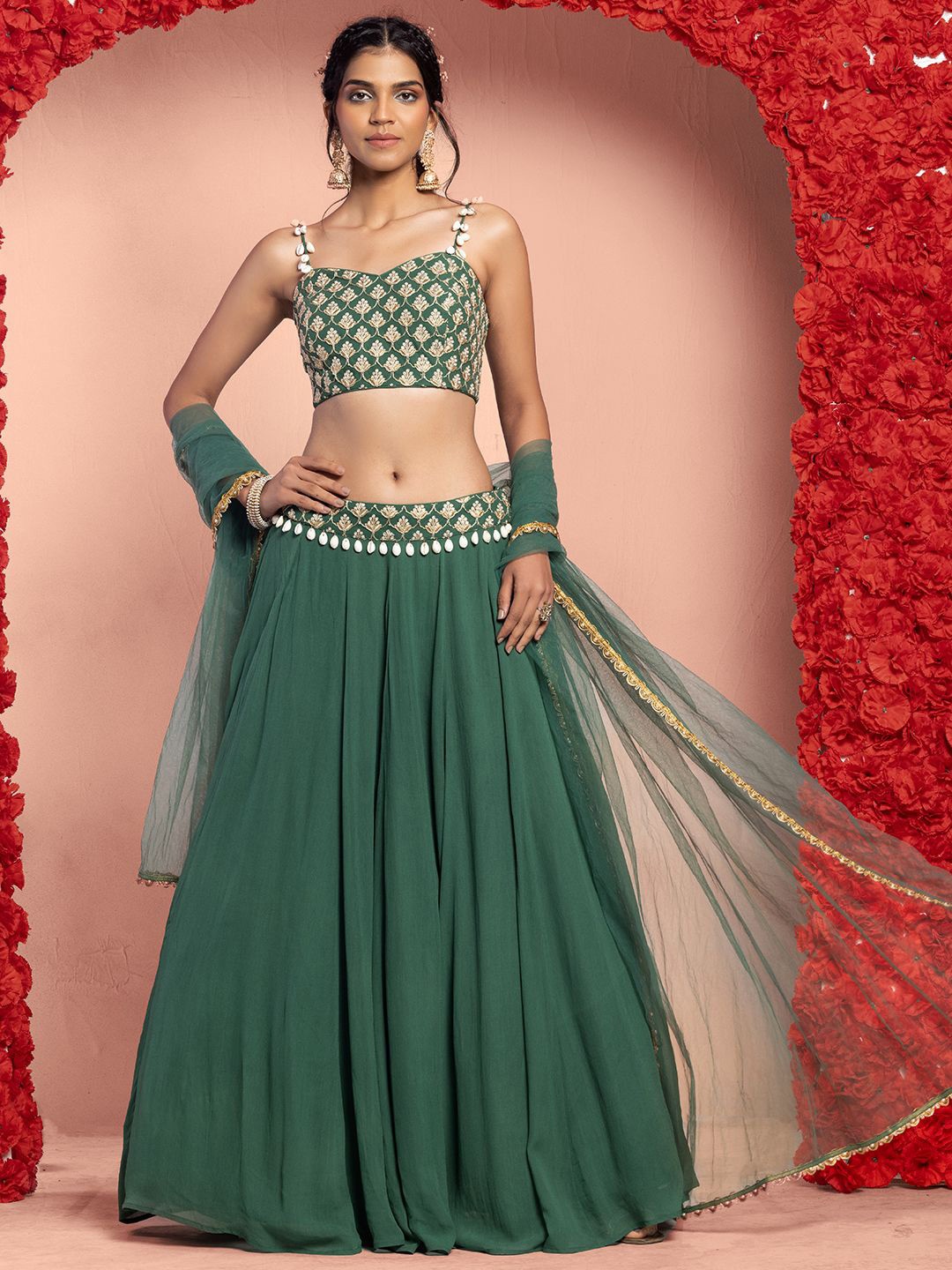 

Indya Luxe Embroidered Ready to Wear Lehenga & Blouse With Dupatta, Green