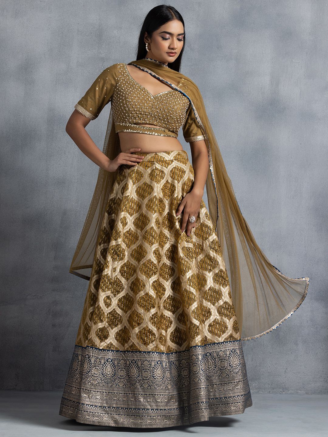 

Indya Luxe Embellished Ready to Wear Lehenga & Blouse With Dupatta, Brown