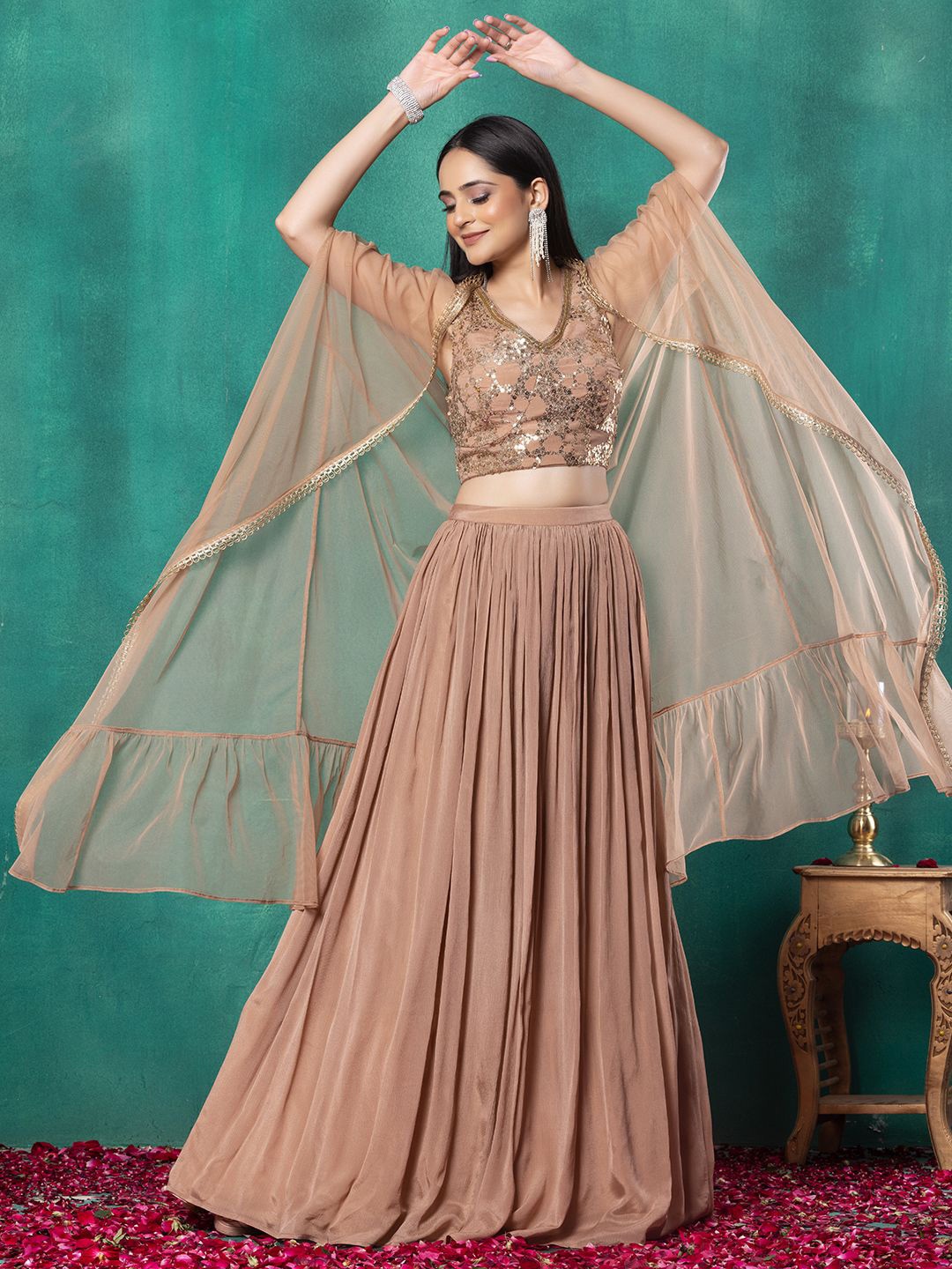 

Indya Luxe Embellished Ready to Wear Lehenga & Blouse With Dupatta, Pink
