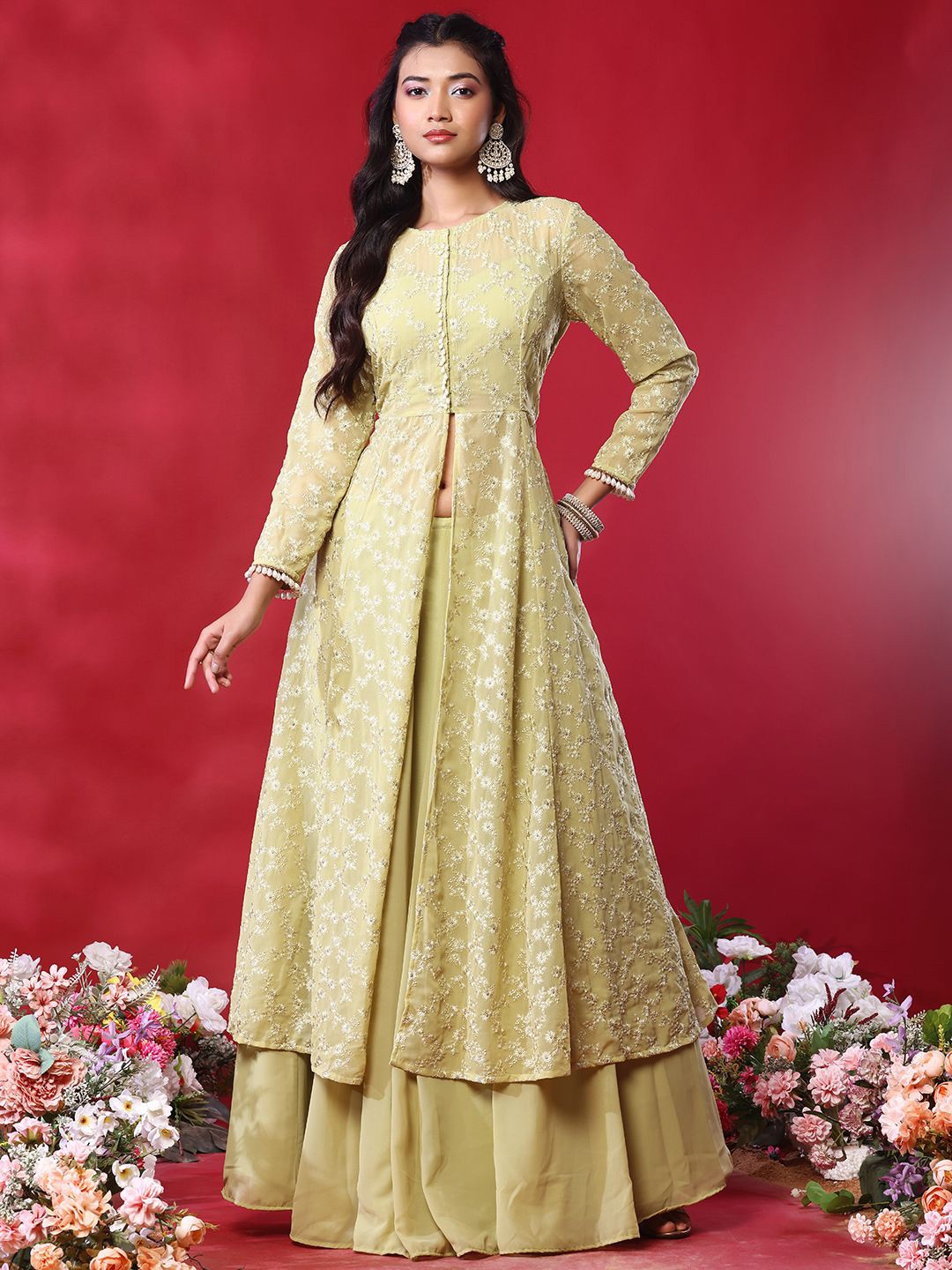 

Indya Luxe Embroidered Ready to Wear Lehenga & Blouse With Jacket, Green
