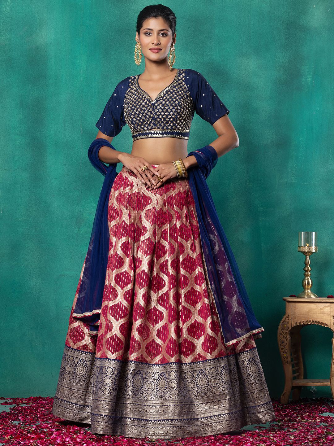 

Indya Luxe Embellished Ready to Wear Lehenga & Blouse With Dupatta, Pink