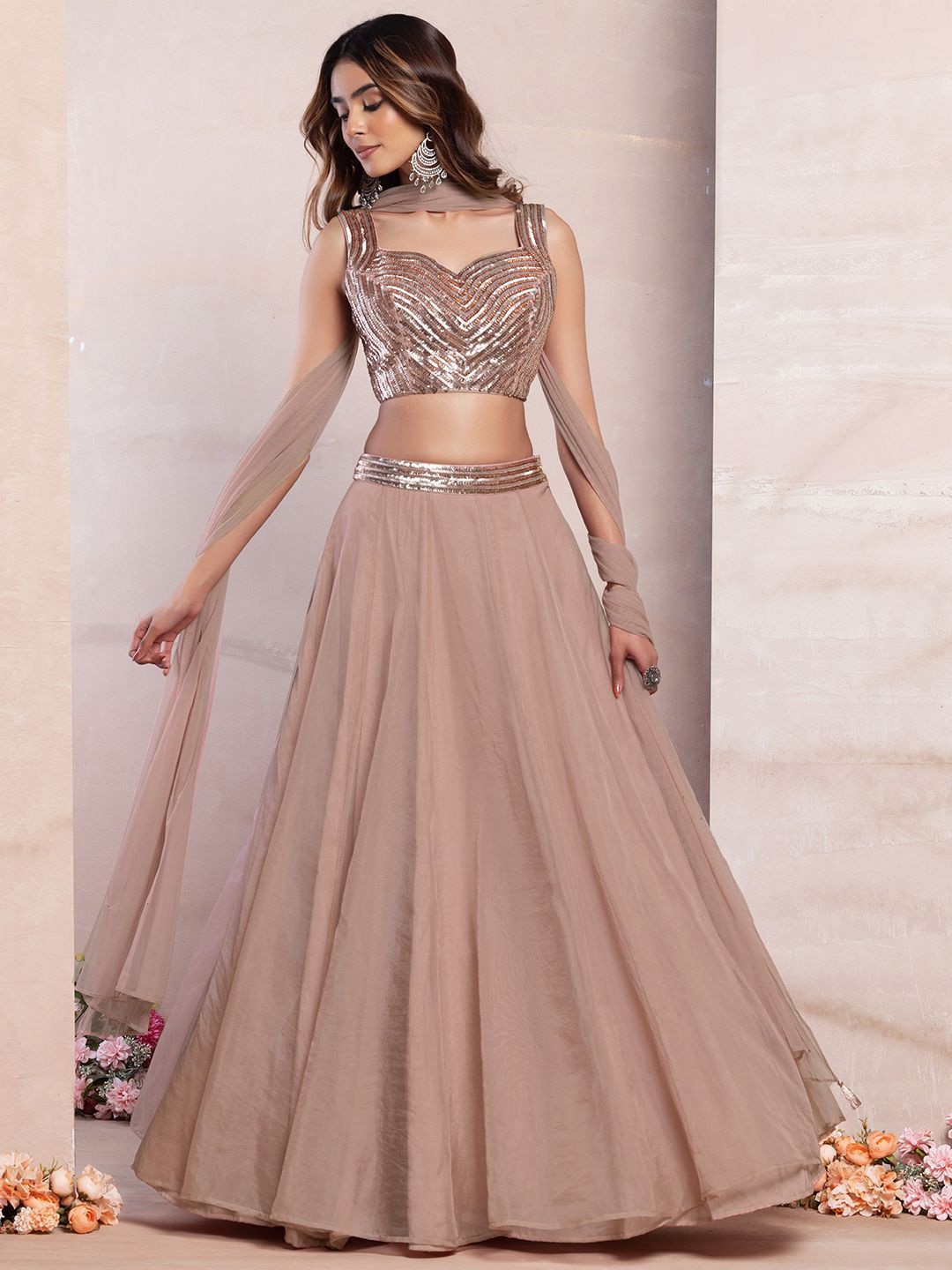 

Indya Luxe Embroidered Ready to Wear Lehenga & Blouse With Dupatta, Pink