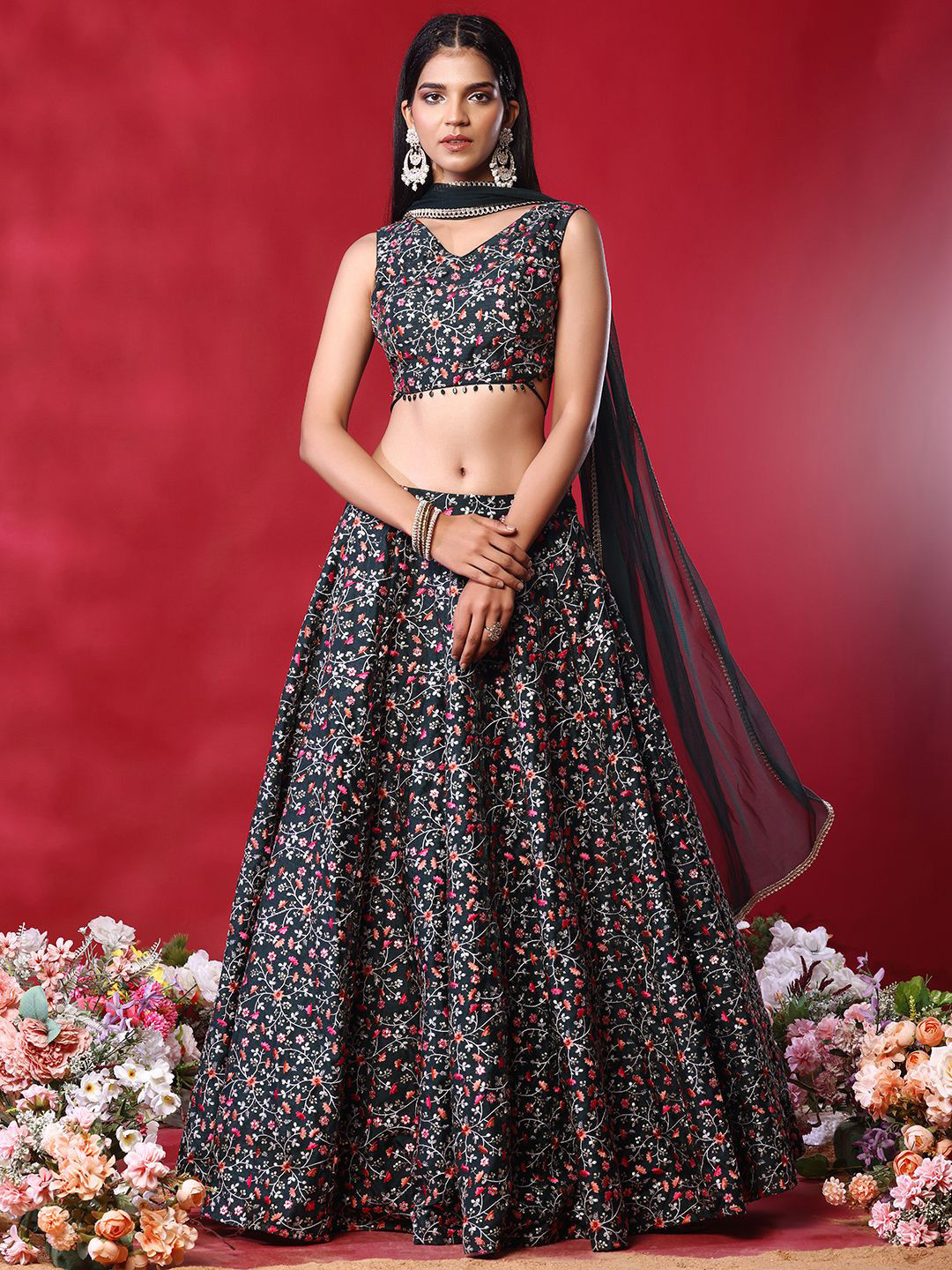 

Indya Luxe Embroidered Thread Work Ready to Wear Lehenga & Blouse With Dupatta, Green