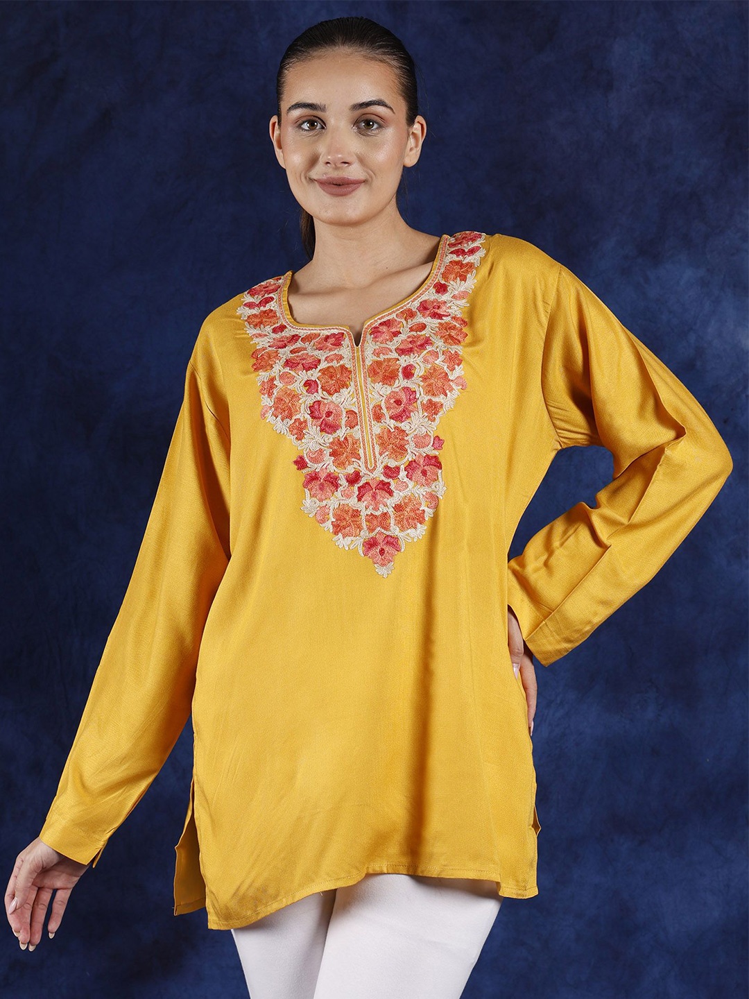 

Exotic India Floral Embroidered V-Neck Kurti, Gold