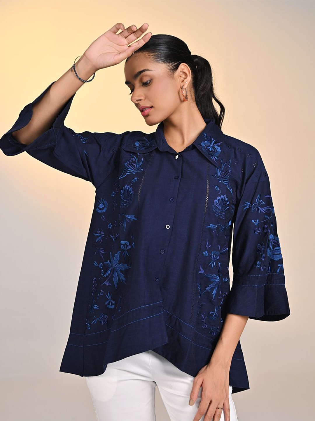 

Lakshita Women Modern Floral Embroidered Opaque Casual Shirt, Blue
