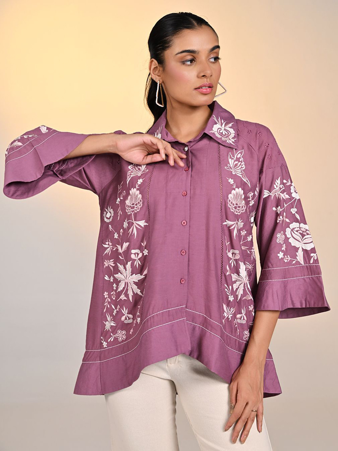 

Lakshita Women Oversized Modern Floral Embroidered Shirt, Pink