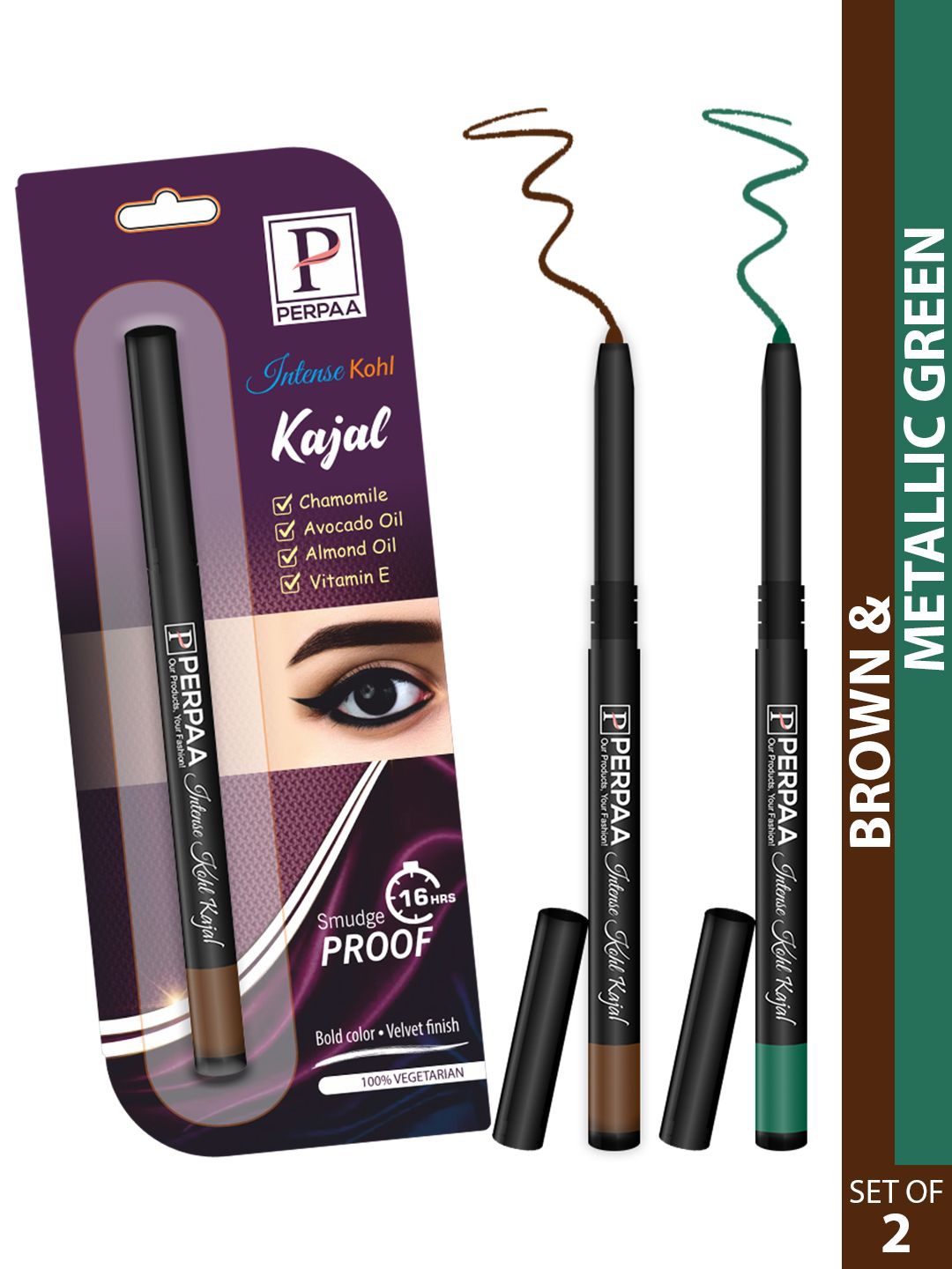 

PERPAA Intense Set Of 2 Kohl Kajal Pencil - 0.35g Each - Brown & Metallic Green