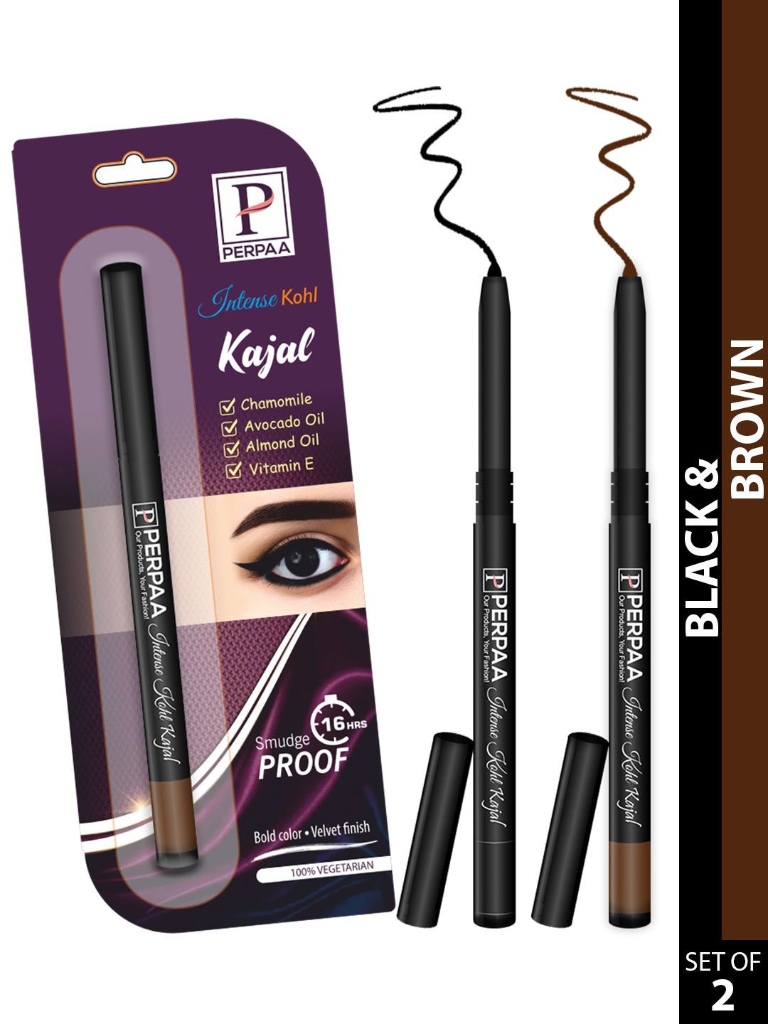 

PERPAA Intense Set Of 2 Kohl Kajal Pencil - 0.35g Each - Black-Brown