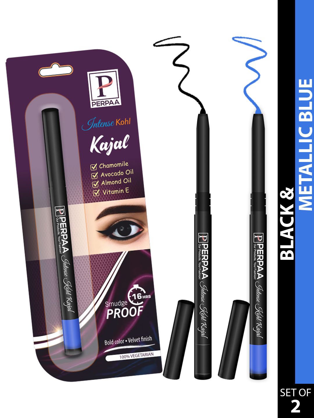 

PERPAA Intense Set Of 2 Kohl Kajal Pencil - 0.35g Each - Black-Metallic Blue