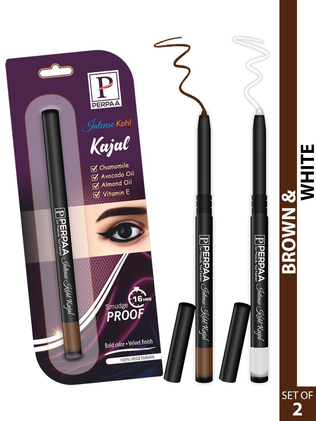 

PERPAA Intense Set Of 2 Kohl Kajal Pencil - 0.35g Each - Brown-White