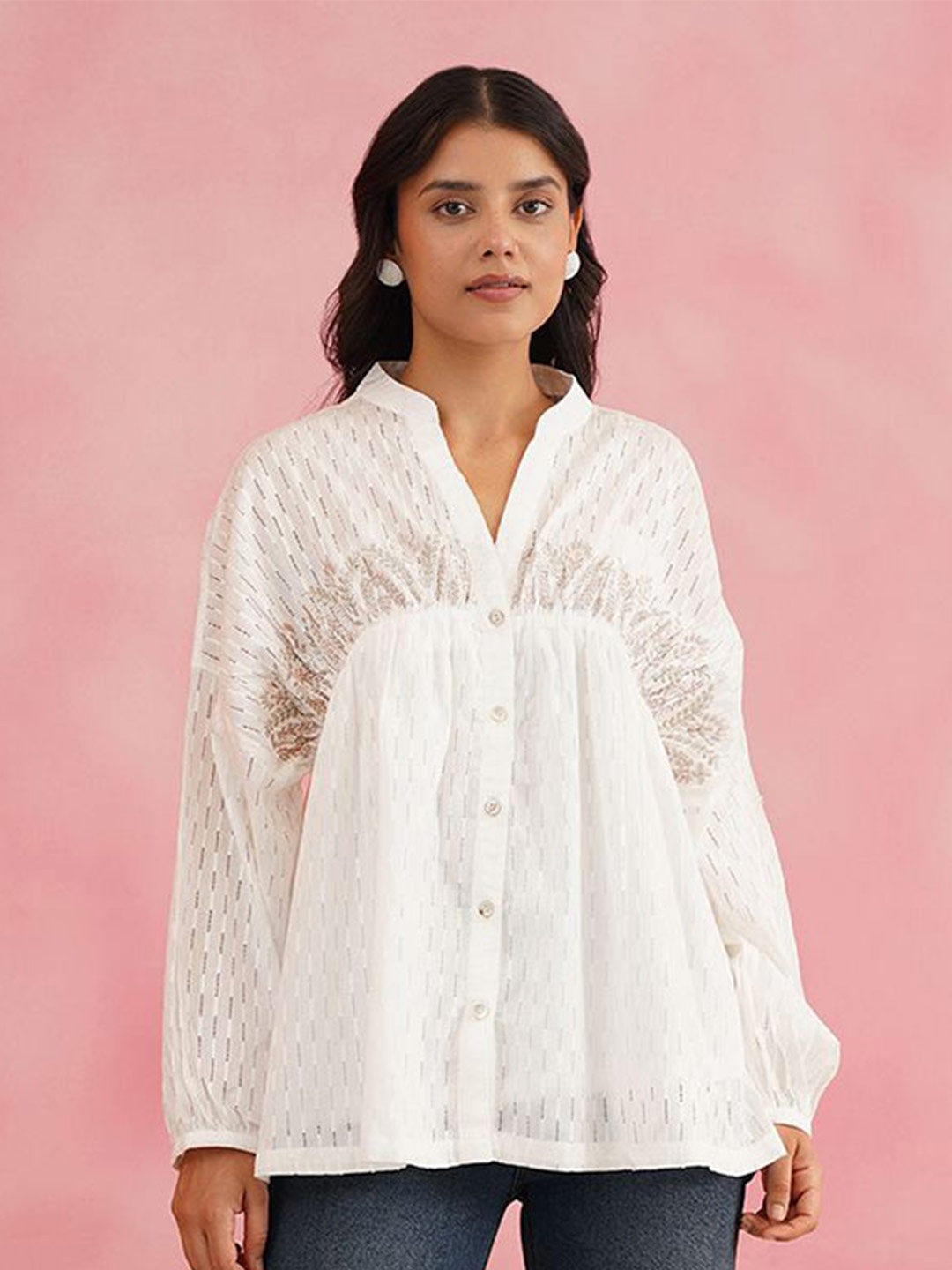 

INCHING INDIA Women Pure Cotton White Mandarin Collar Long Puff Sleeve Cotton Top