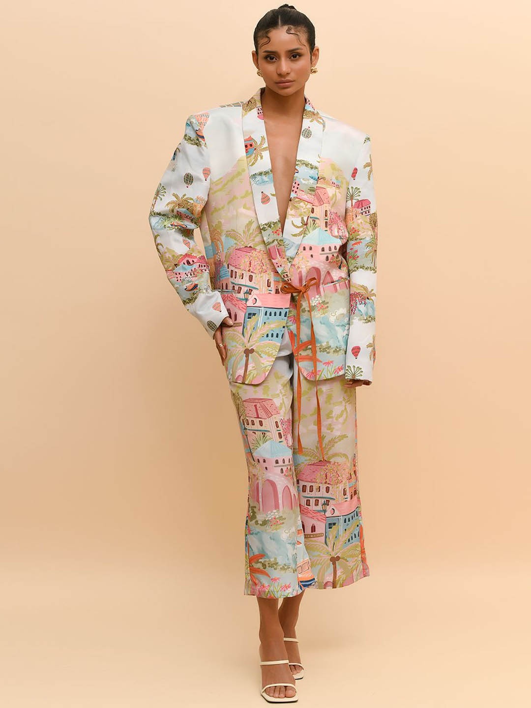 

R.Y by Rishi and Vibhuti Conversational Printed Oversized Single-Breasted Blazer, Blue