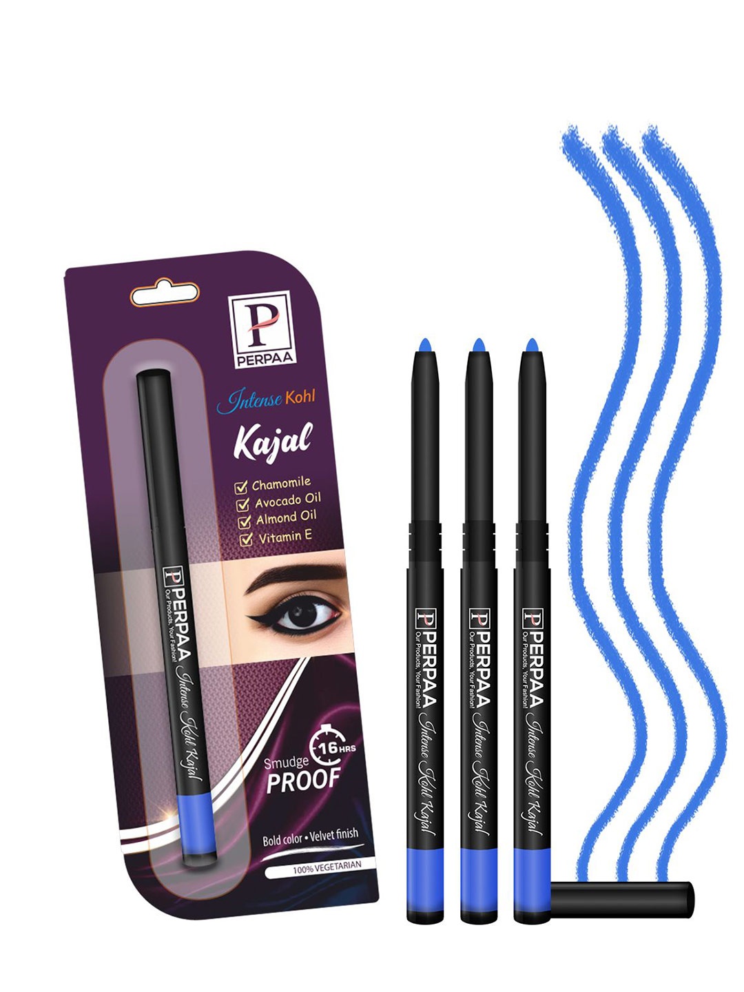 PERPAA Intense Set Of 3 Kohl Kajal Pencil - 0.35g Each - Blue