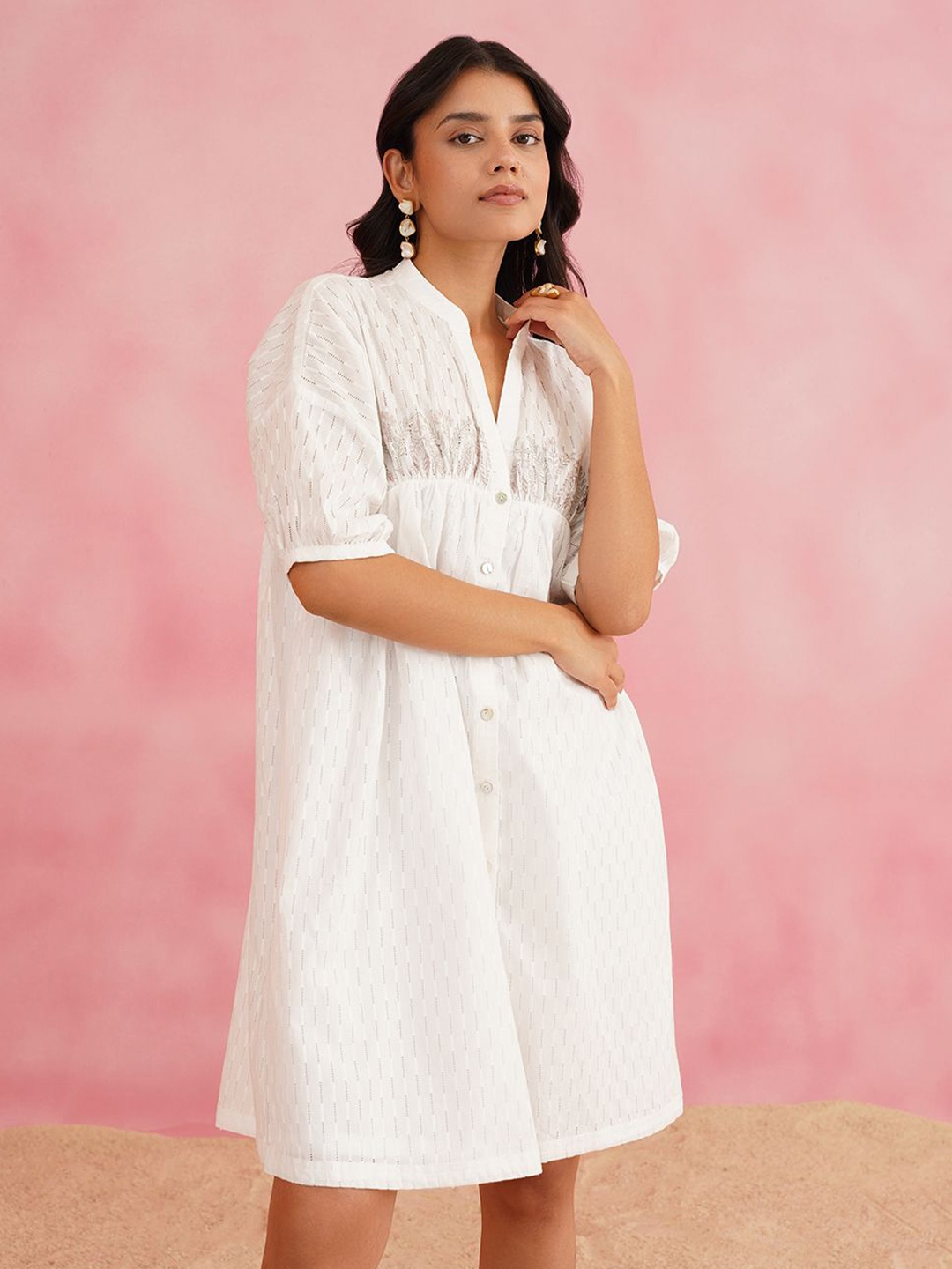 

INCHING INDIA Women Embroidered shirt Dress, Cream