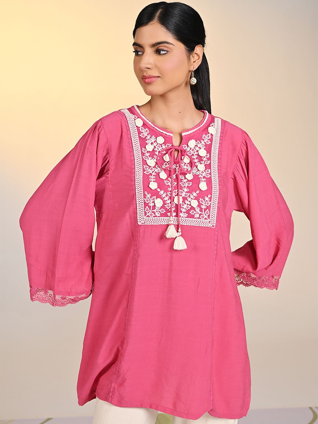 

Lakshita Tie-Up Neck Flared Sleeve Satin Top, Pink