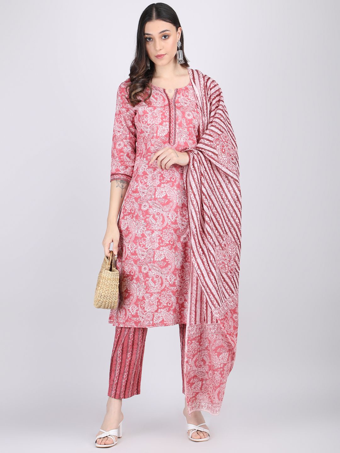 

ANJAYA Floral Printed Regular Gotta Patti Pure Cotton Kurta With Trousers & Dupatta, Maroon