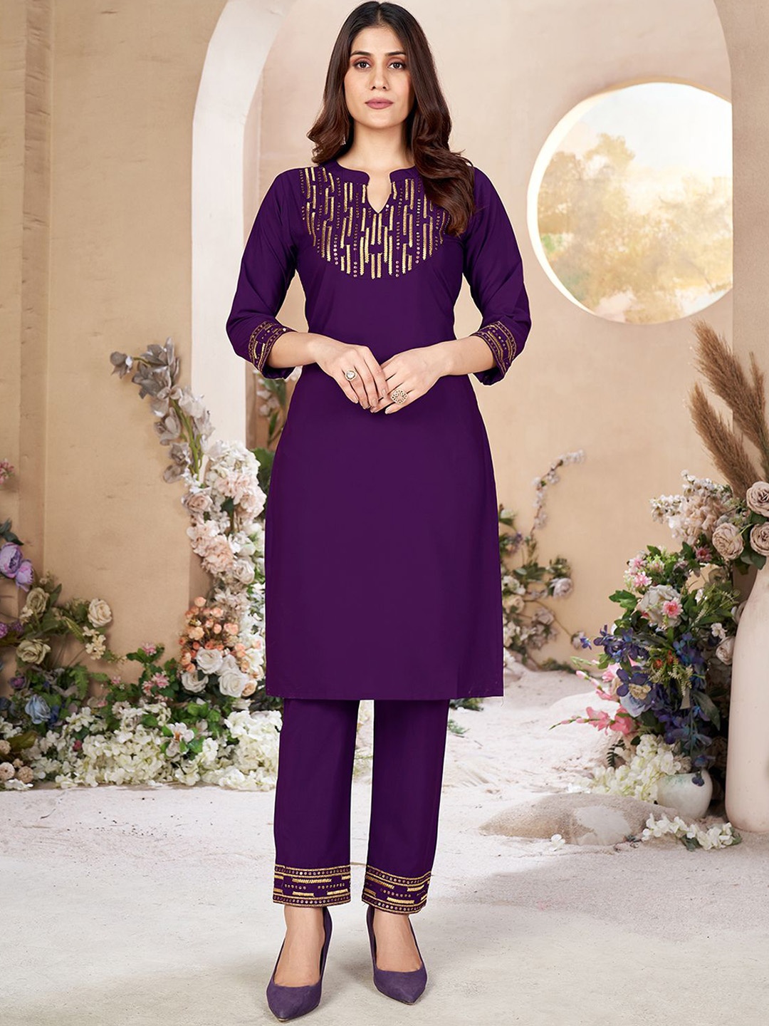 

KALINI Geometric Yoke Design Mandarin Collar Sequinned Straight Kurta with Trousers, Purple