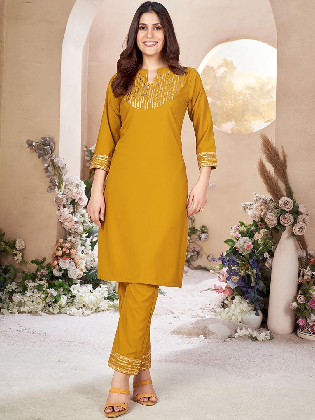

KALINI Ethnic Motifs Yoke Design Straight Sequinned Kurta with Trousers, Yellow