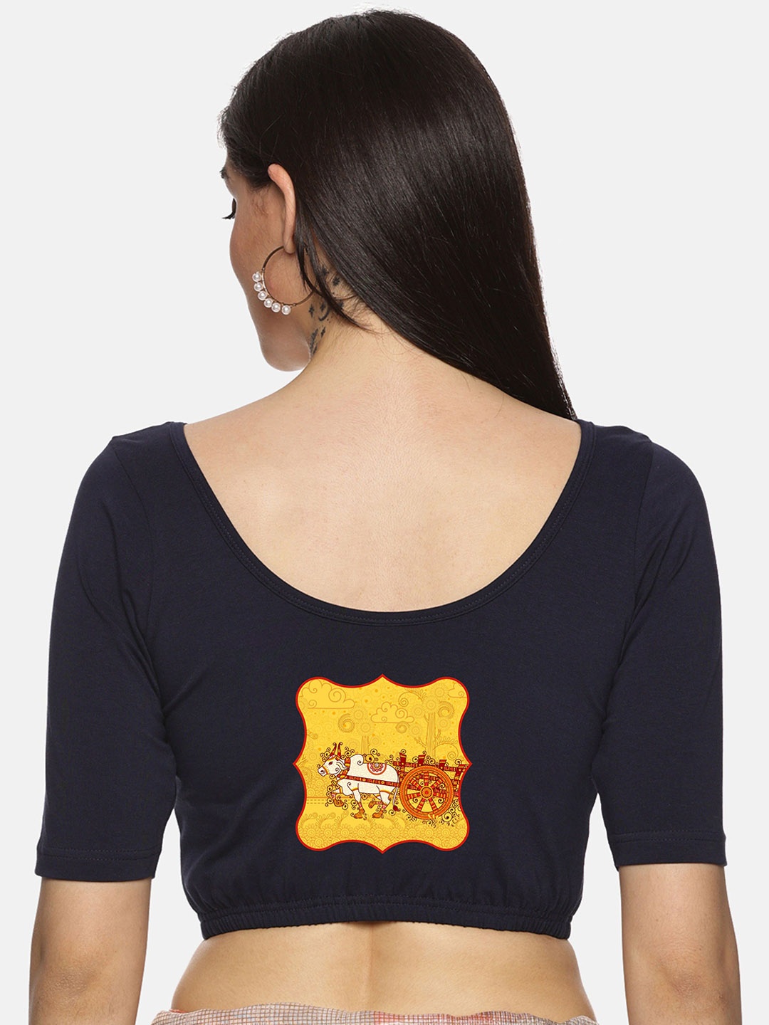 

NOT YET by Us Solid Back Print Stretch Saree Blouse, Navy blue