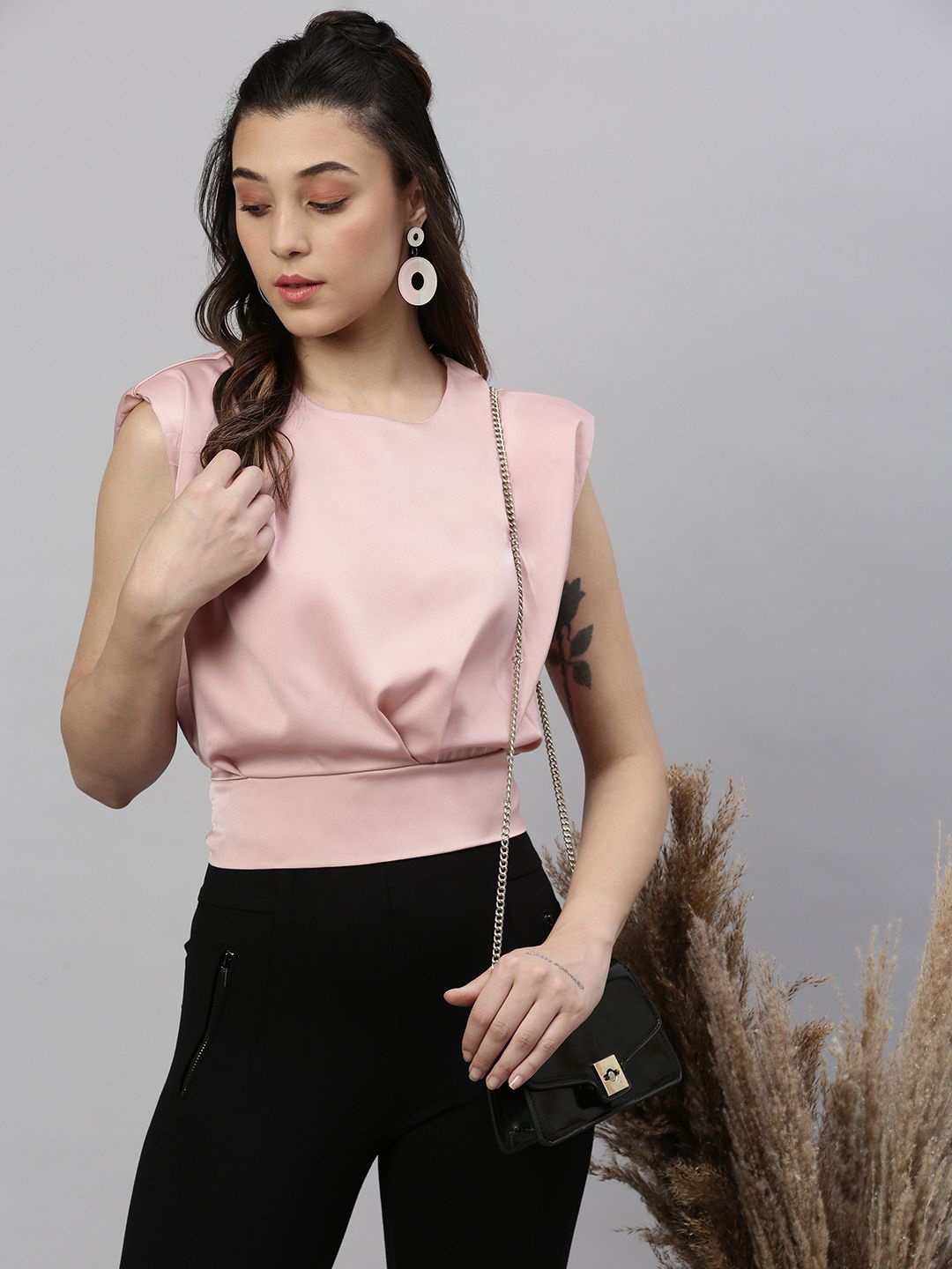 

SHOWOFF Women Solid Round Neck Synthetic Crepe Top, Peach