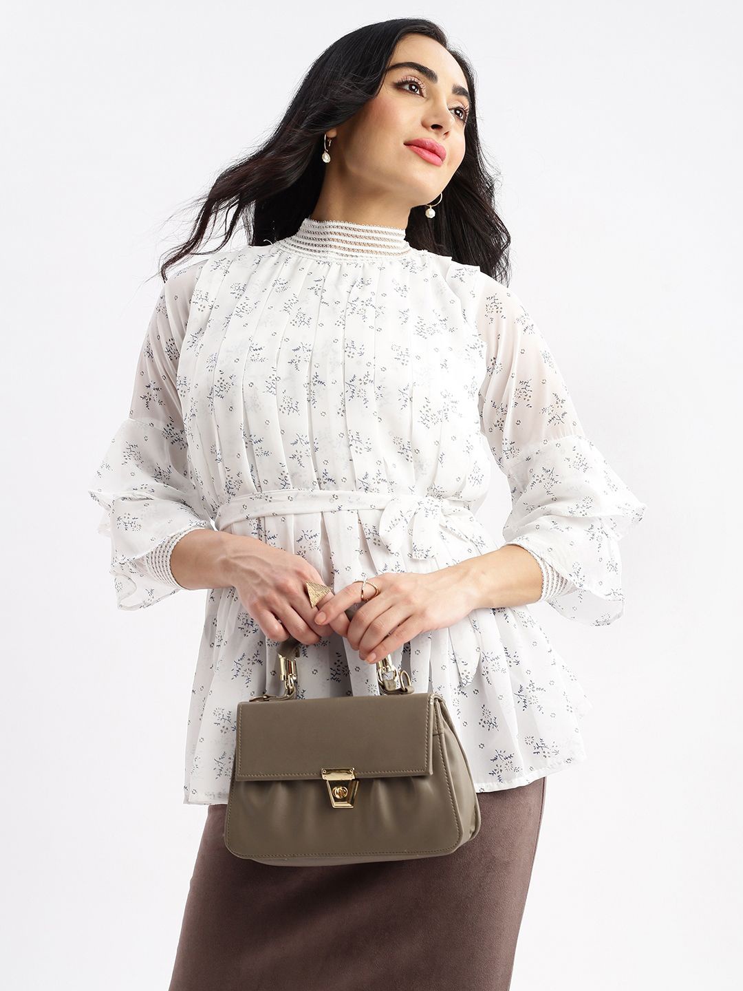 

SHOWOFF Women Self Design High Neck Synthetic Georgette Top, White
