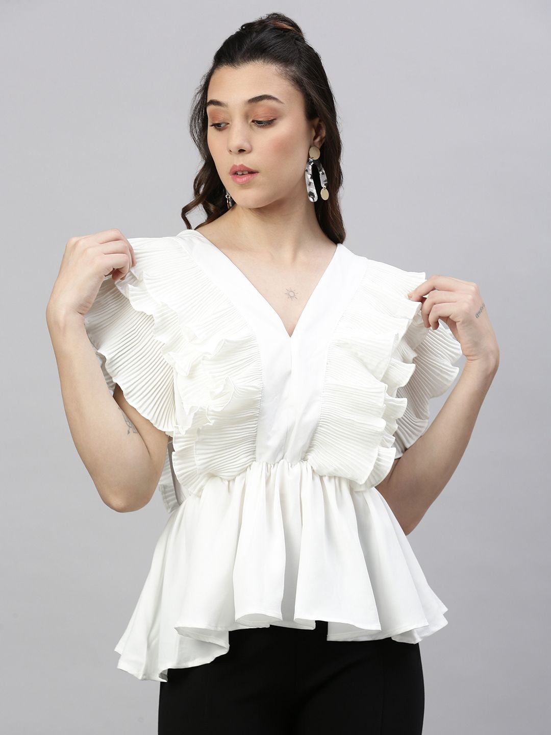 

SHOWOFF Women Solid Lace Frills Bows and Ruffles V-Neck Synthetic Crepe Top, White