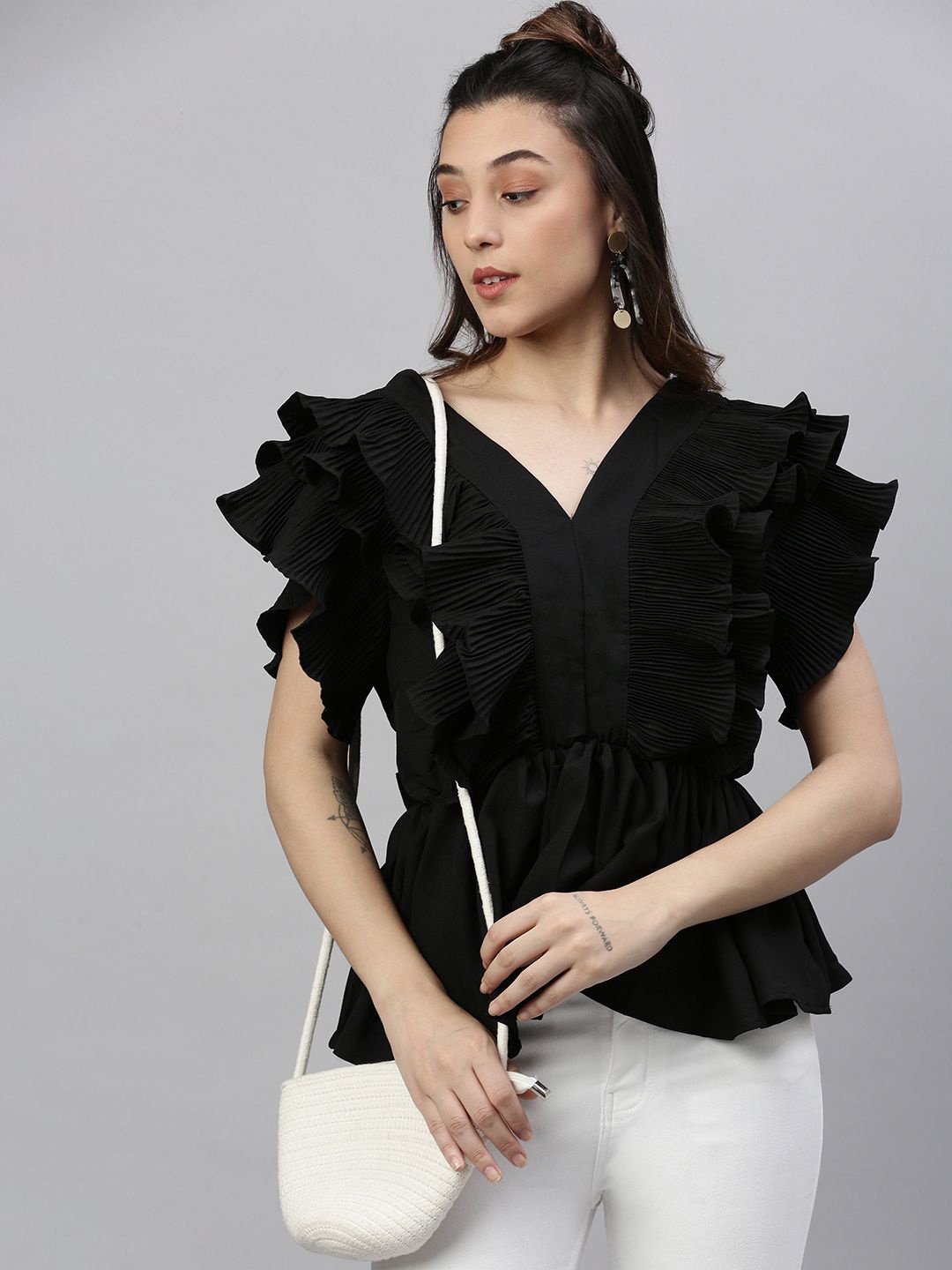 

SHOWOFF Women Solid Lace Frills Bows and Ruffles V-Neck Synthetic Crepe Top, Black