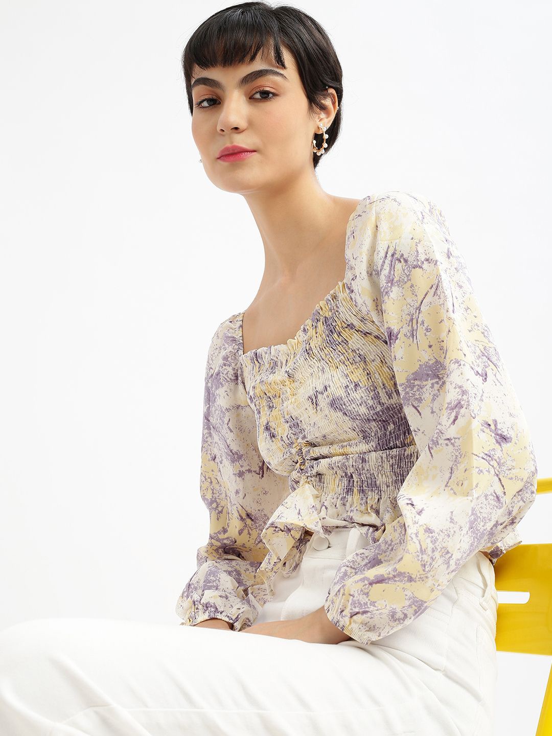

SHOWOFF Women Abstract Printed Ruched Square Neck Synthetic Crepe Top, Lavender