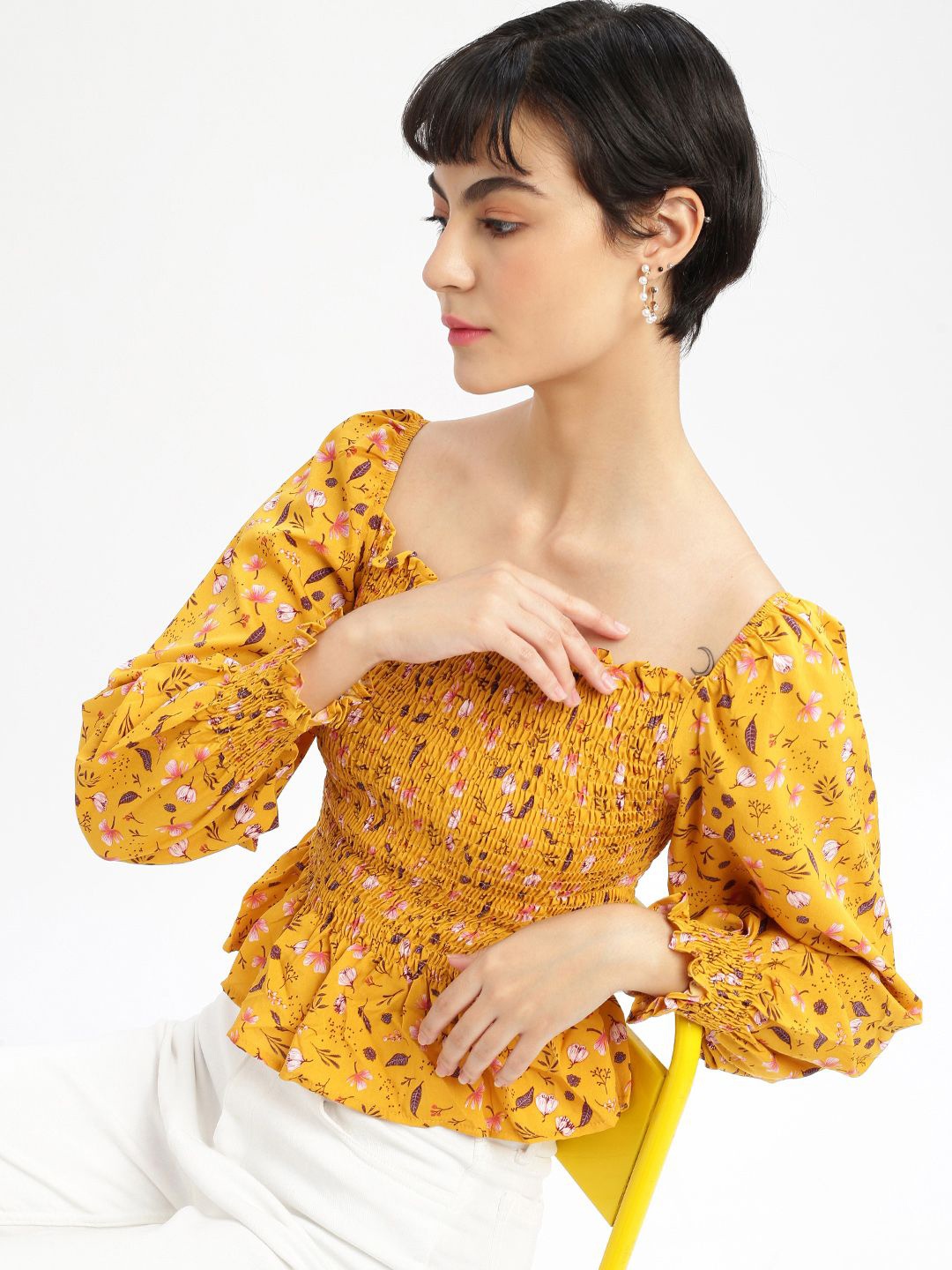 

SHOWOFF Women Floral Solid Square Neck Synthetic Crepe Top, Mustard