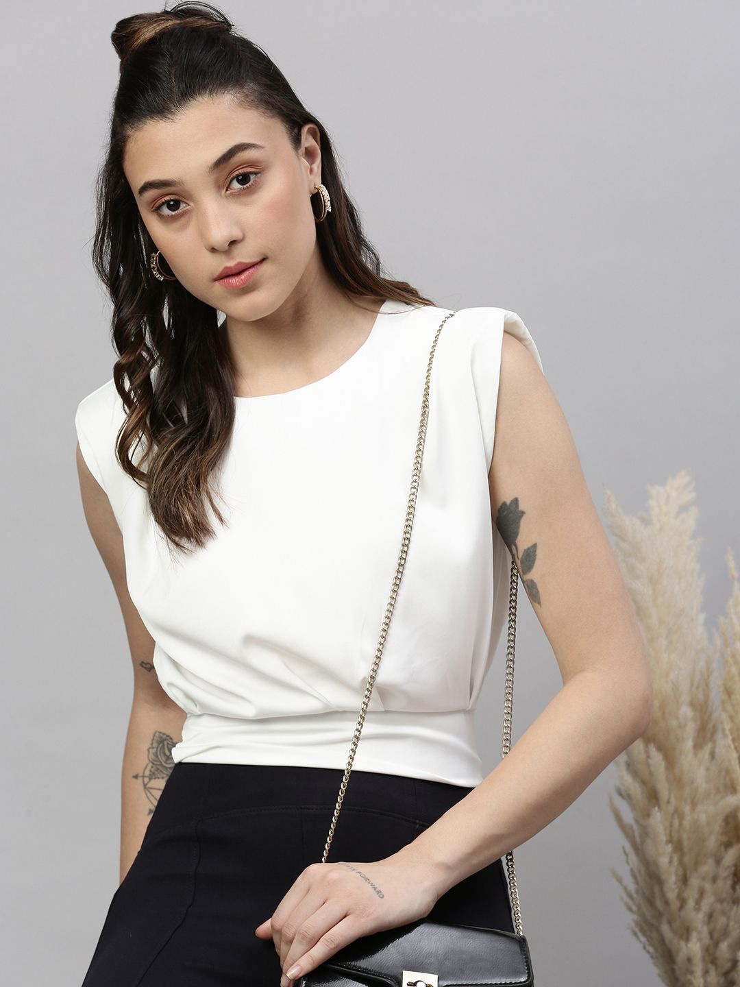 SHOWOFF Women Solid Round Neck Synthetic Crepe Top, White