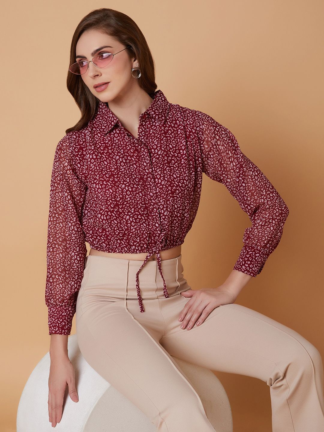 

SHOWOFF Women Abstract Printed Shirt Collar Synthetic Georgette Top, Maroon