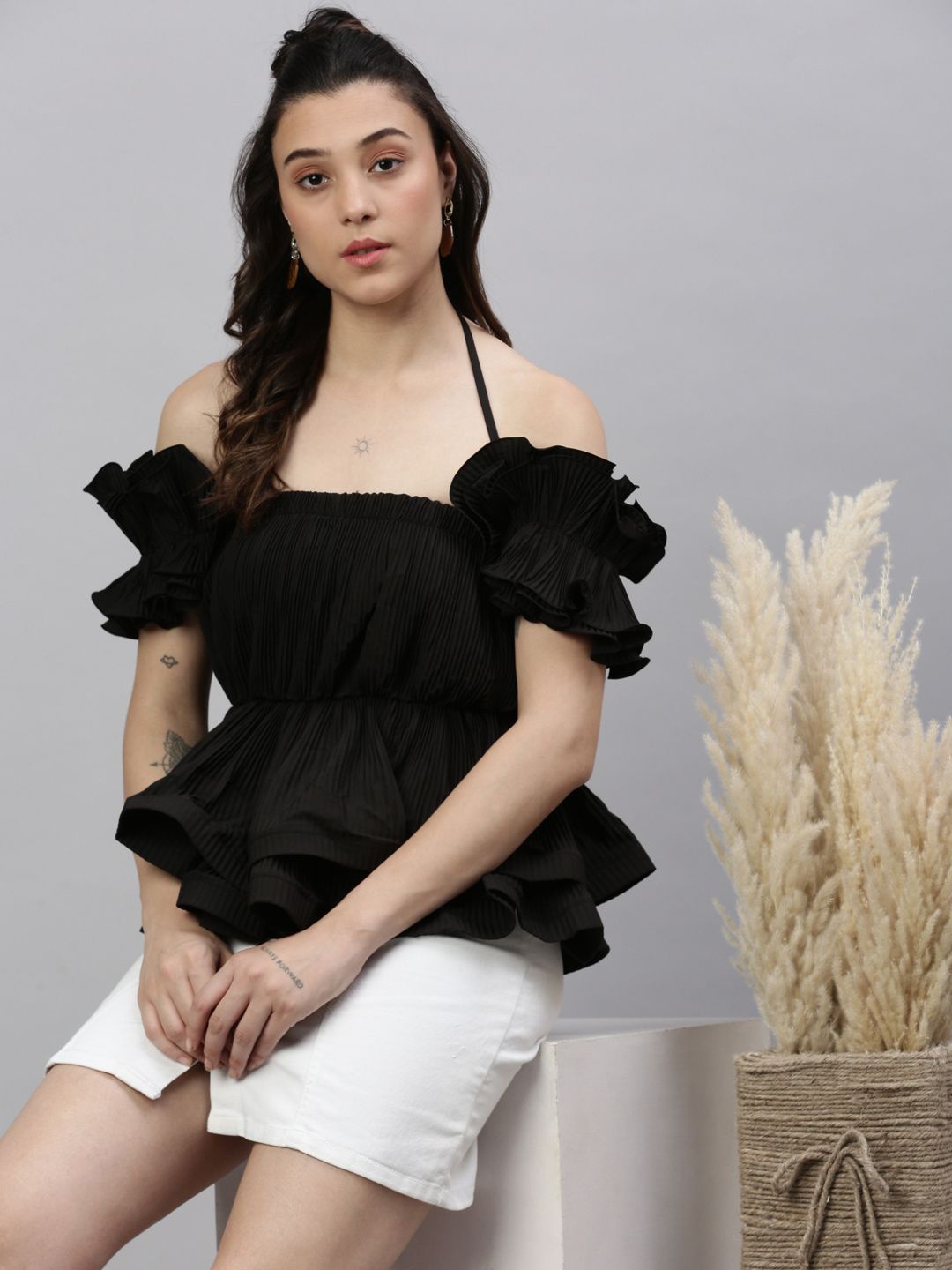 

SHOWOFF Women Solid Lace Frills Bows and Ruffles Shoulder Straps Synthetic Crepe Top, Black