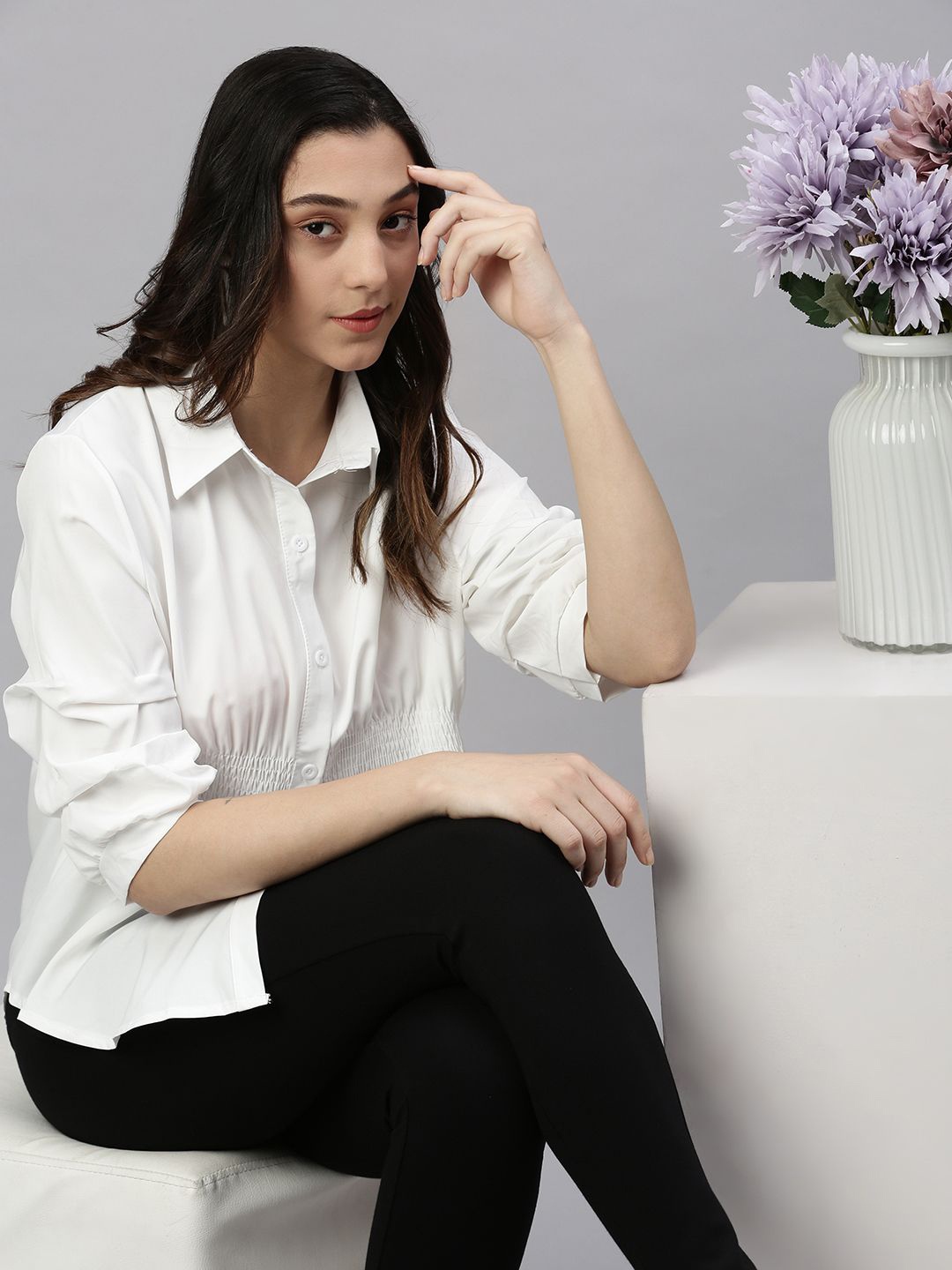 

SHOWOFF Women Solid Smocked Shirt Collar Synthetic Crepe Top, White